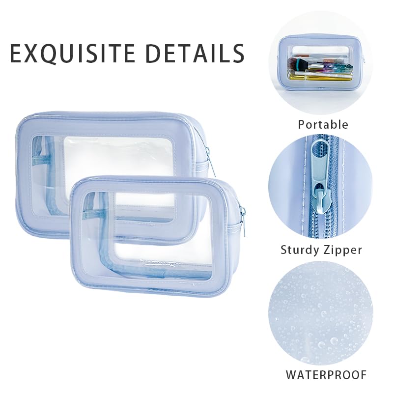 ONEART 2-Piece Light Blue Clear Makeup Toiletry Bags - Waterproof Travel Cosmetic Organizer & Transparent Storage Pouch for Makeup Brushes, Skincare, Jewelry | Perfect for Vacation, Gym, Beach Trips & Daily Organization