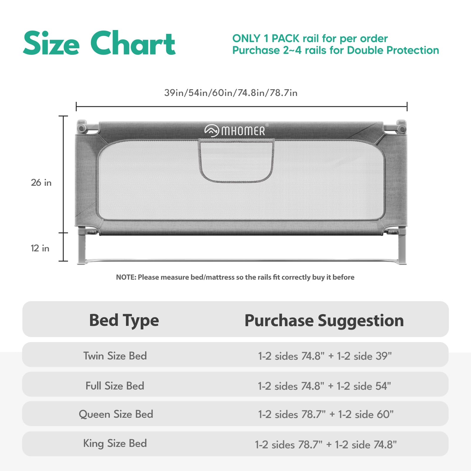 MHOMER Foldable Toddler Bed Rail - Quick 2-Minute Assembly for Queen, King, Full & Twin Size Beds | Sturdy U-Shape Base Baby Bed Guard (74.8