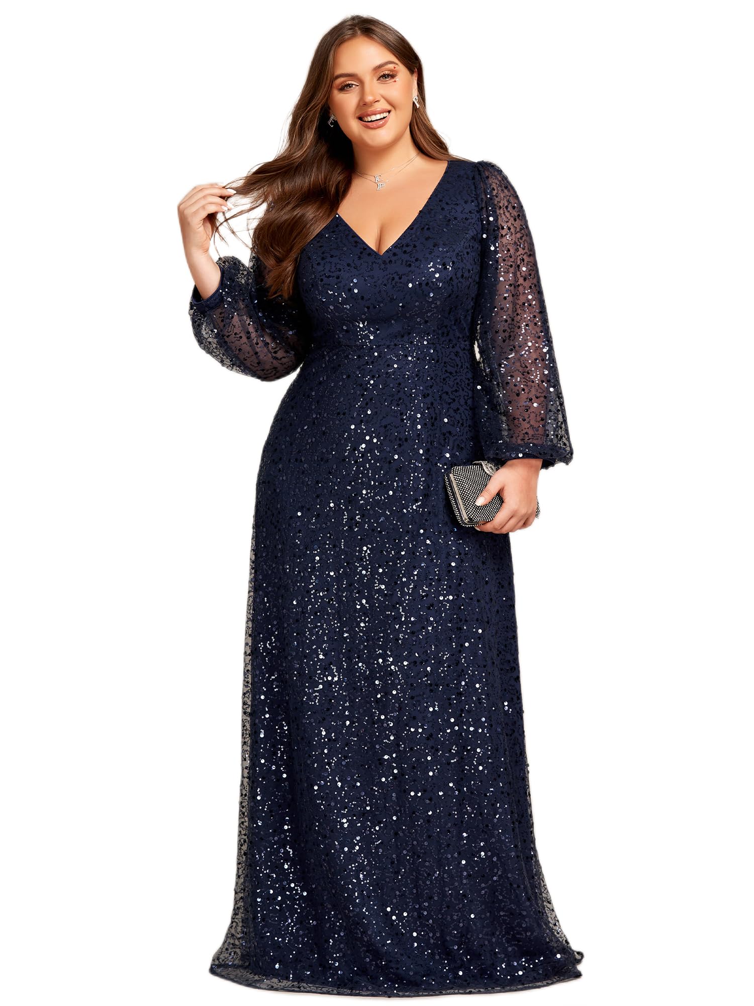 Ever-Pretty Women's Plus Size A-Line Sequin Formal Dress with V-Neck & Sheer Long Sleeves - Elegant Evening Gown for Prom, Wedding, Party & Special Occasions