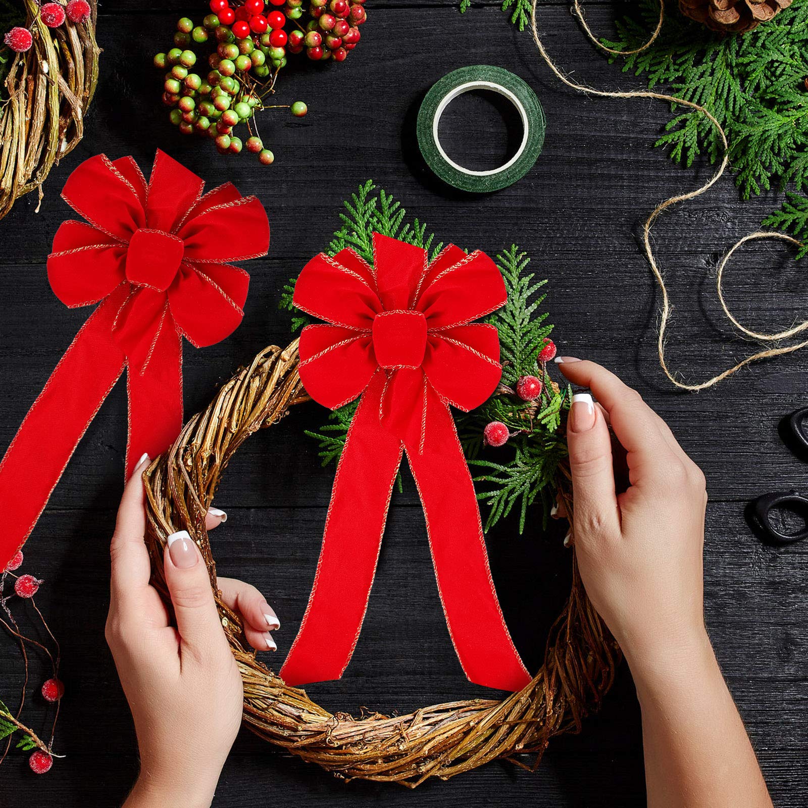 Red Velvet Christmas Bows with Gold Wired Edge - 6 Pack Holiday Ribbon Bows for Wreaths, Tree Decorations & Festive Home Decor - Perfect for Gift Wrapping, Stocking Hangers and Holiday Party Decorations