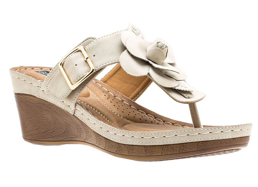 GC Women's Wedge Sandals - Open Toe Mid Heel Platform Sandals with Comfy Vegan Leather & Floral Strap | Perfect for Summer, Beach, and Casual Outings