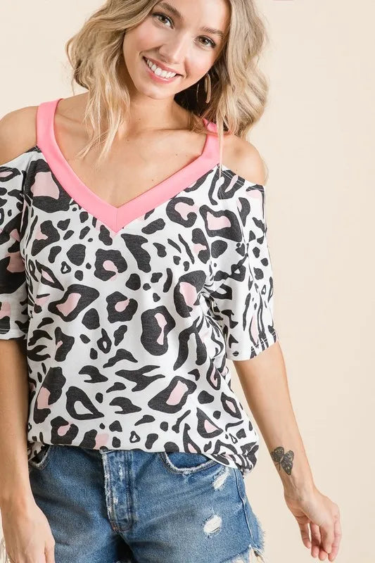 Stylish BiBi Leopard Print Women's Top with Sexy Shoulder Cut Out Design - Perfect for Night Out, Party, and Casual Wear