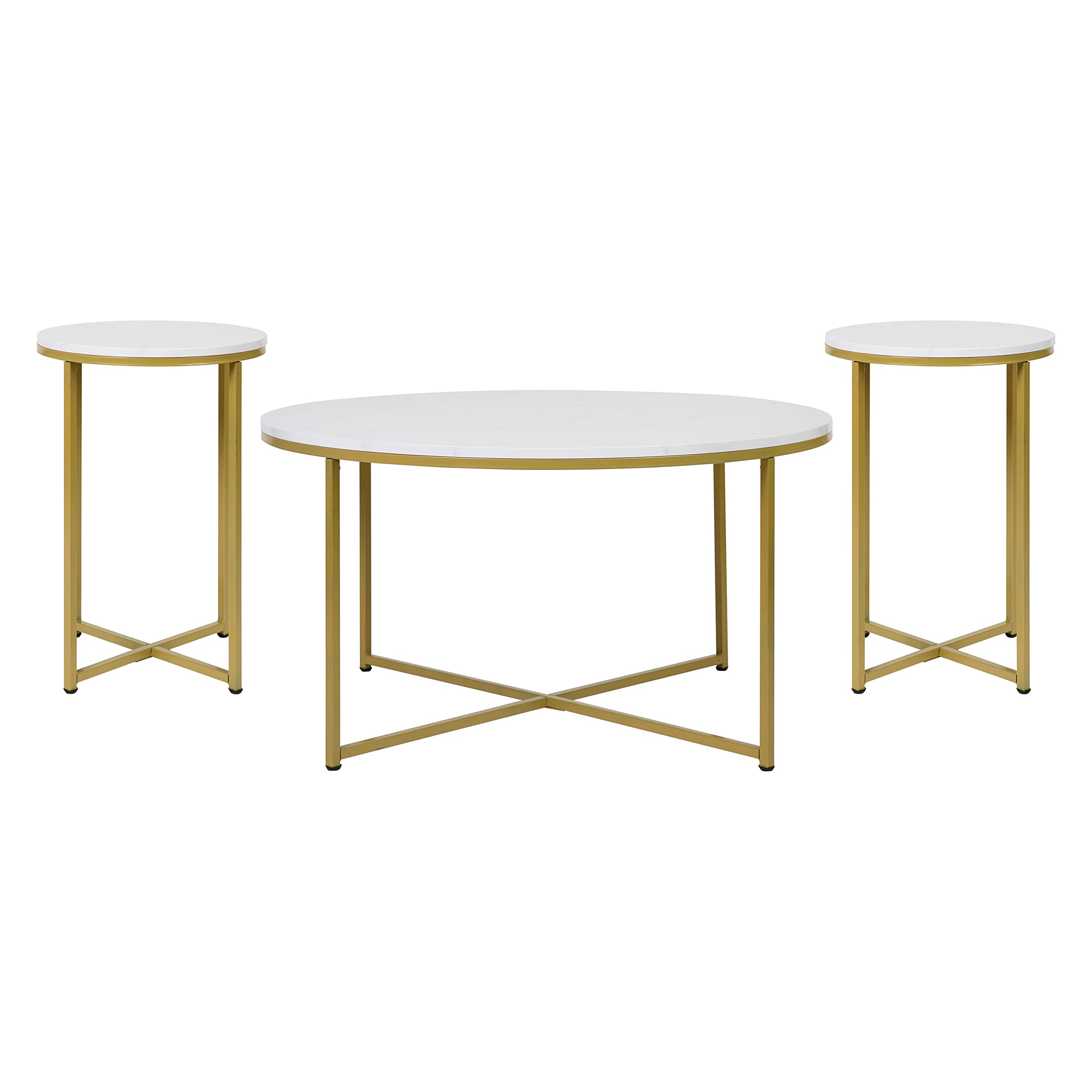 Merrick Lane Fairdale Round 3-Piece Coffee Table Set - White Marble Top with Brushed Gold Crisscross Frame - Coffee Table & 2 Side Tables - Perfect for Living Room, Lounge & Home Decor