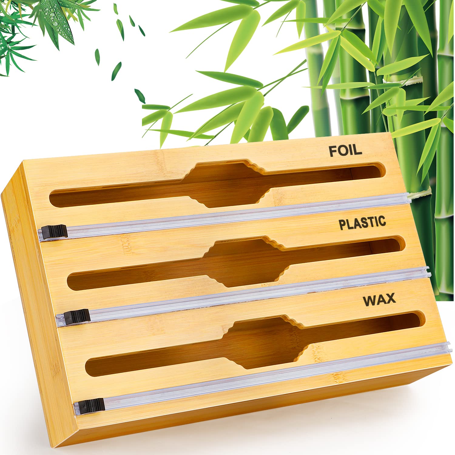 FuBegi 3-in-1 Bamboo Kitchen Wrap Organizer - Plastic Wrap, Aluminum Foil & Wax Paper Dispenser with Built-in Cutter | Drawer & Wall Mountable for 12