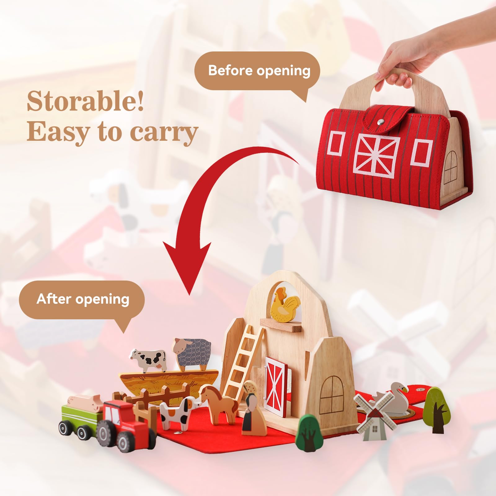 Wooden Barn Farm Animal Toys for Kids Ages 3-5 | Montessori Learning Toys with Red Barn | Portable Playset for Toddlers | Perfect Birthday Gift for Boys & Girls | Farm-Themed Pretend Play for Preschool Education