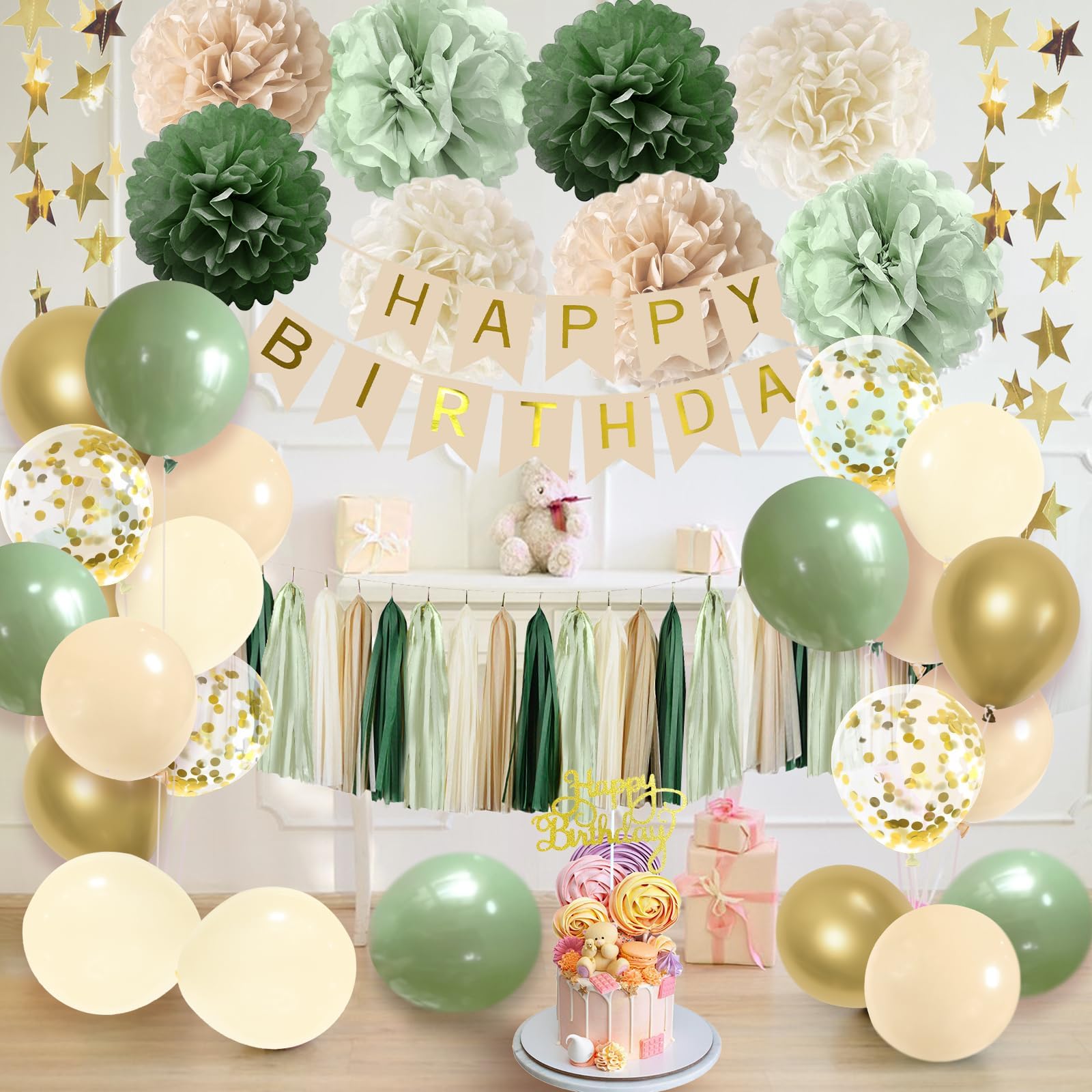 Sage Green Birthday Party Decorations Kit - Includes Banner, Tissue Tassels, Paper Pompoms, Balloons & Star Garland - Perfect for Women's Birthday Celebrations, Baby Showers & Bridal Showers