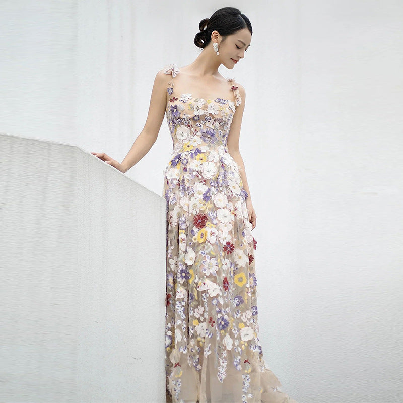 Elegant French Style 3D Flower Mesh A-Line Evening Dress for Women - Perfect for Weddings, Prom, and Formal Events