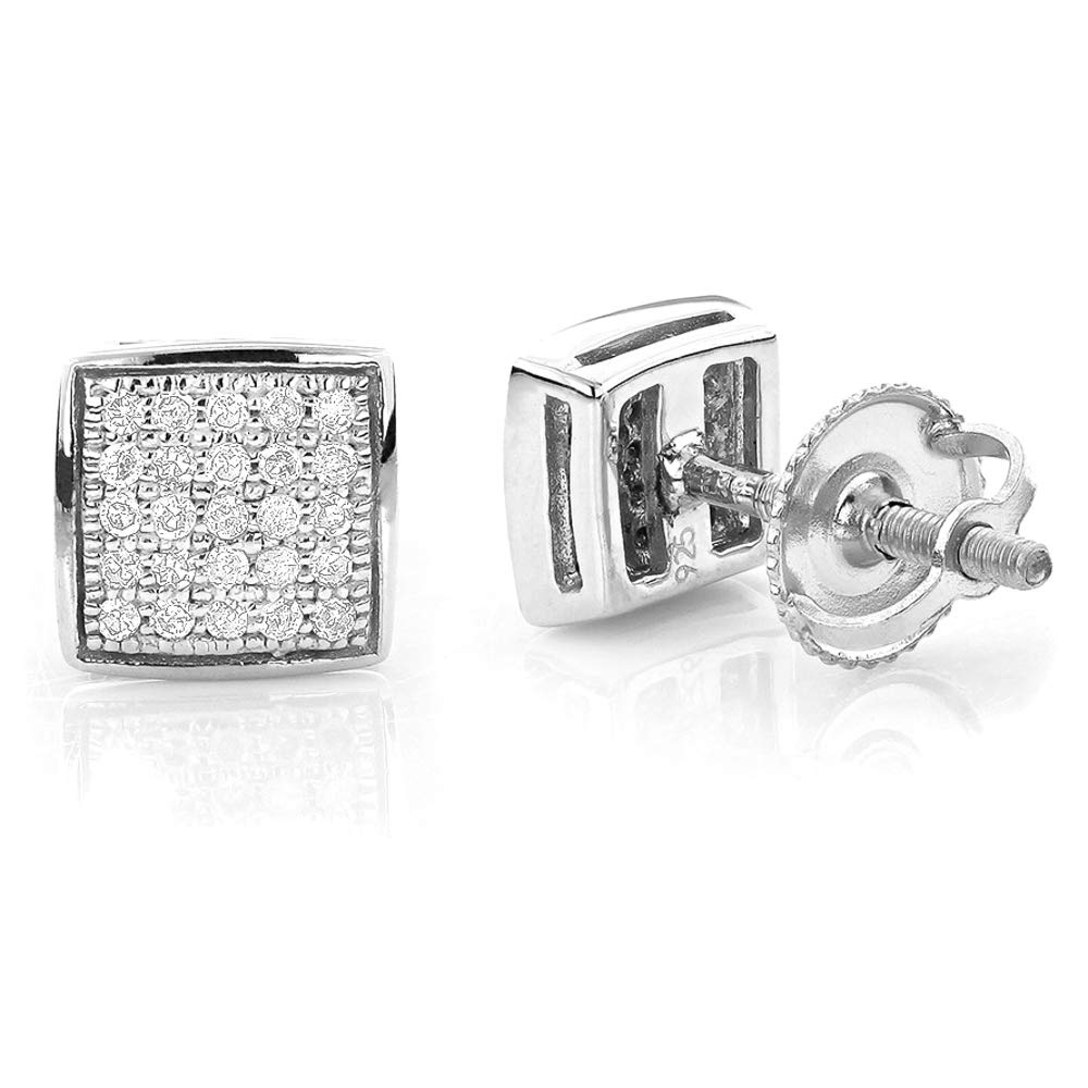 3D Square Iced 5A CZ Stone Micro Pave White Gold Plated 925 Sterling Silver Hypoallergenic Men's Cubic Zirconia Earrings - Screw Back Post Cube Design for Hip Hop Style | Perfect Gift for Husband & Boyfriend | Ideal for Parties, Weddings & Casual Wear