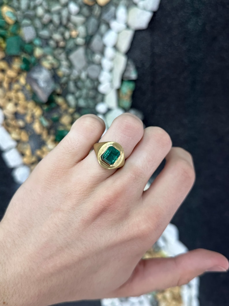 3.86ct Natural Emerald Cut Green Emerald Ring in 18K Gold - Unisex Matte Finish Gypsy Style Jewelry for Weddings, Engagements & Special Occasions