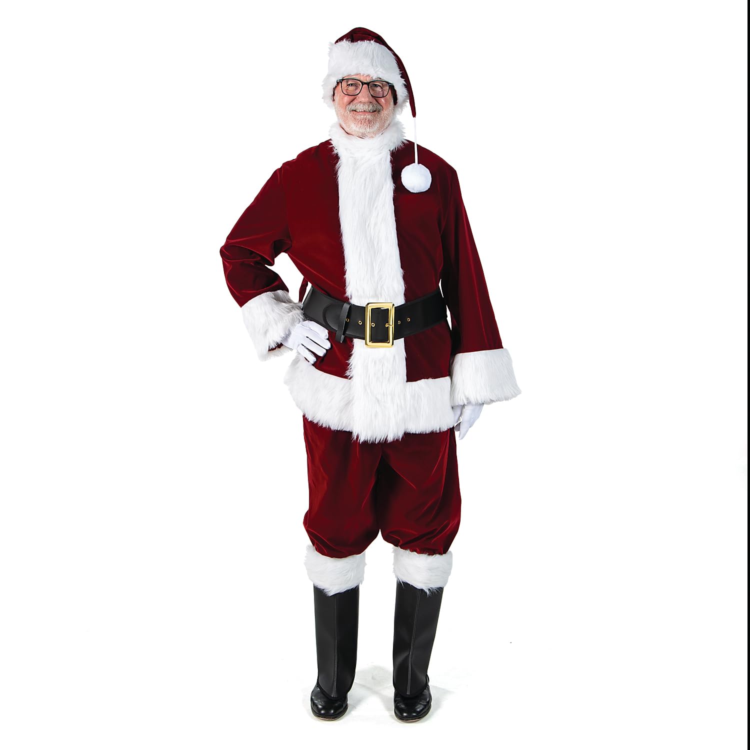 Halco Men's Santa Claus Suit 6pc - Premium Burgundy Velvet Santa Costume Set for Christmas Parties & Holiday Events