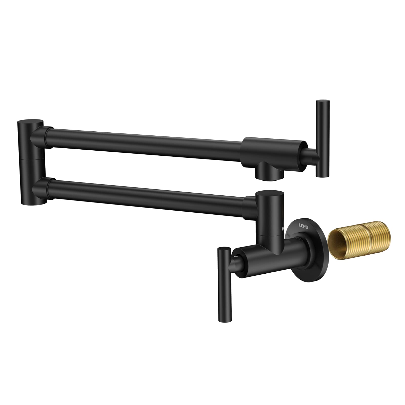 LEPO Commercial Grade Wall Mounted Pot Filler Faucet - Solid Brass Construction with Double Joint Swing Arm, Matte Black Finish - Ideal for Restaurant Kitchens & High-Traffic Sink Areas (Single Hole, 2 Handles, NPT Connection) - Perfect for Large Stock Pots, Brewing Stations & Commercial Cooking Applications