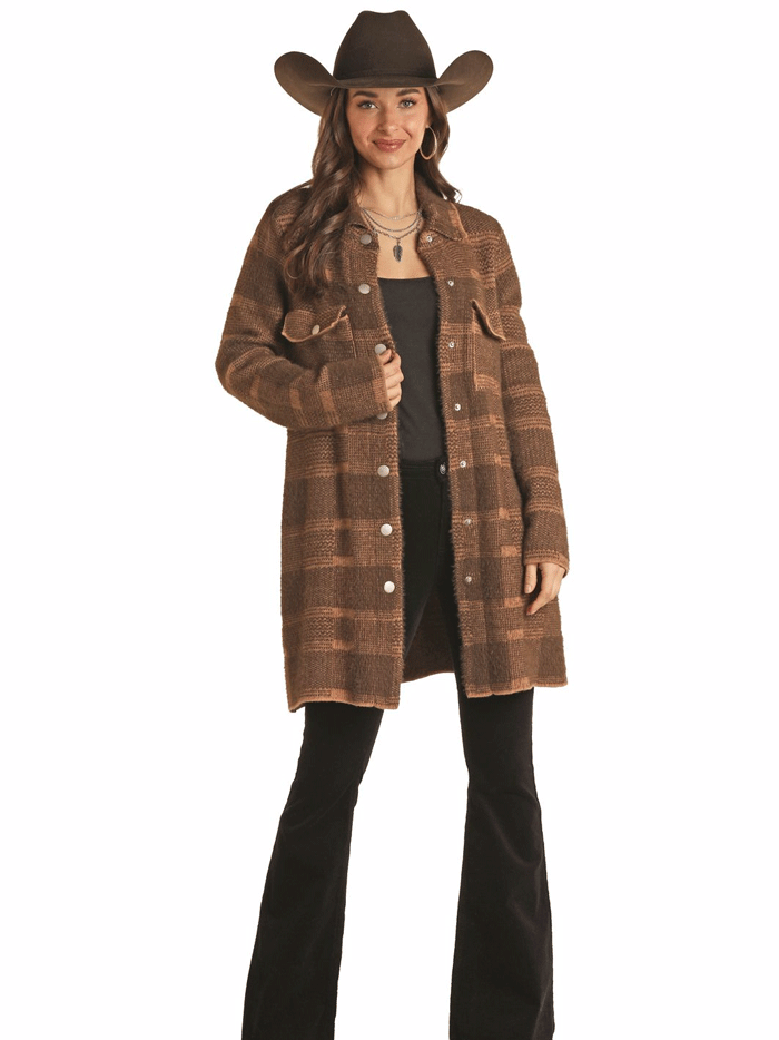Rock & Roll Denim BW92C02724 Women's Plaid Knit Coat - Dark Brown Winter Jacket for Casual Outfits & Street Style Fashion