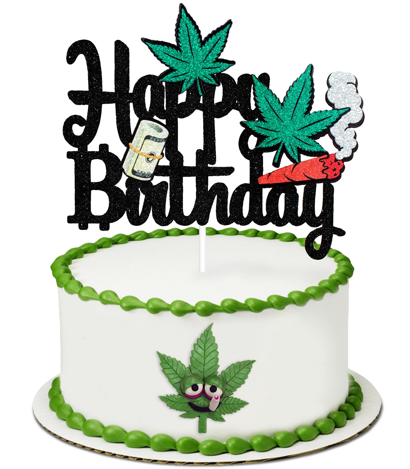 Money & Leaves Happy Birthday Cake Topper - Dollar Sign & Cannabis Leaf Party Decorations for Men - Birthday Cake Decor for Money-Themed Celebrations - Perfect for Stoner Parties & Financial Milestone Events