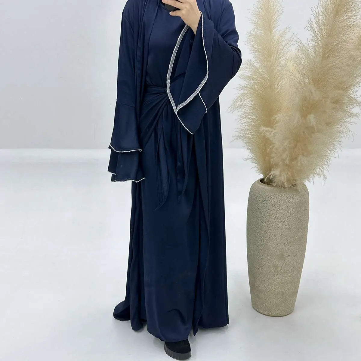 Elegant 3-Piece Satin Abaya Dress Set with Inner Dress & Midi Wrap - Perfect for Eid, Ramadan, and Special Occasions