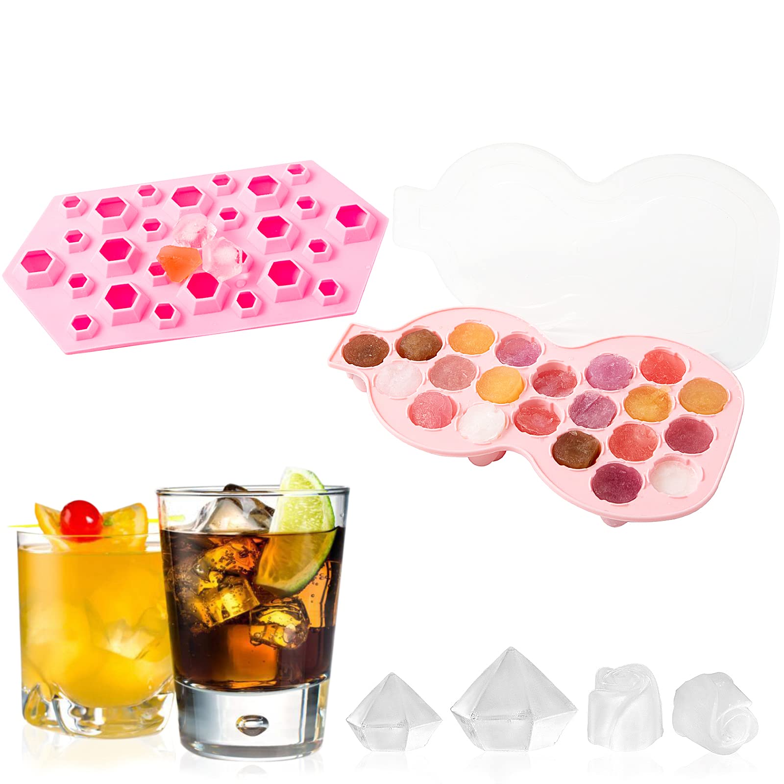 **Silicone Ice Cube Trays - Easy Release, Flexible Ice Cube Molds for Whiskey & Cocktails - Reusable Diamond & Rose Shape Ice Maker - Dishwasher Safe for Food, Chocolate & Soap - Perfect for Cocktail Parties, Home Bars & DIY Crafts (Pink)**