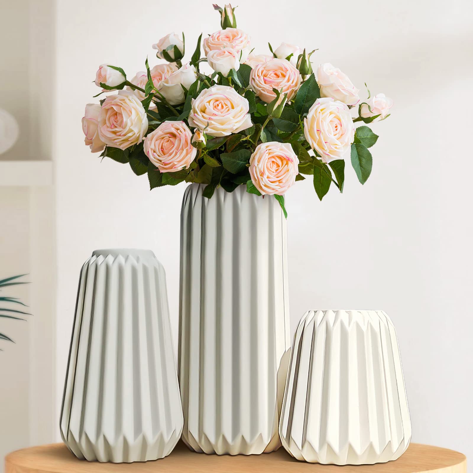 White Ceramic Vases Set of 3 - Modern Home Decor Flower Vases for Aesthetic Room, Boho Wedding Centerpiece | Perfect for Dining Table, Office Desk, Party Decor & Living Room Arrangements