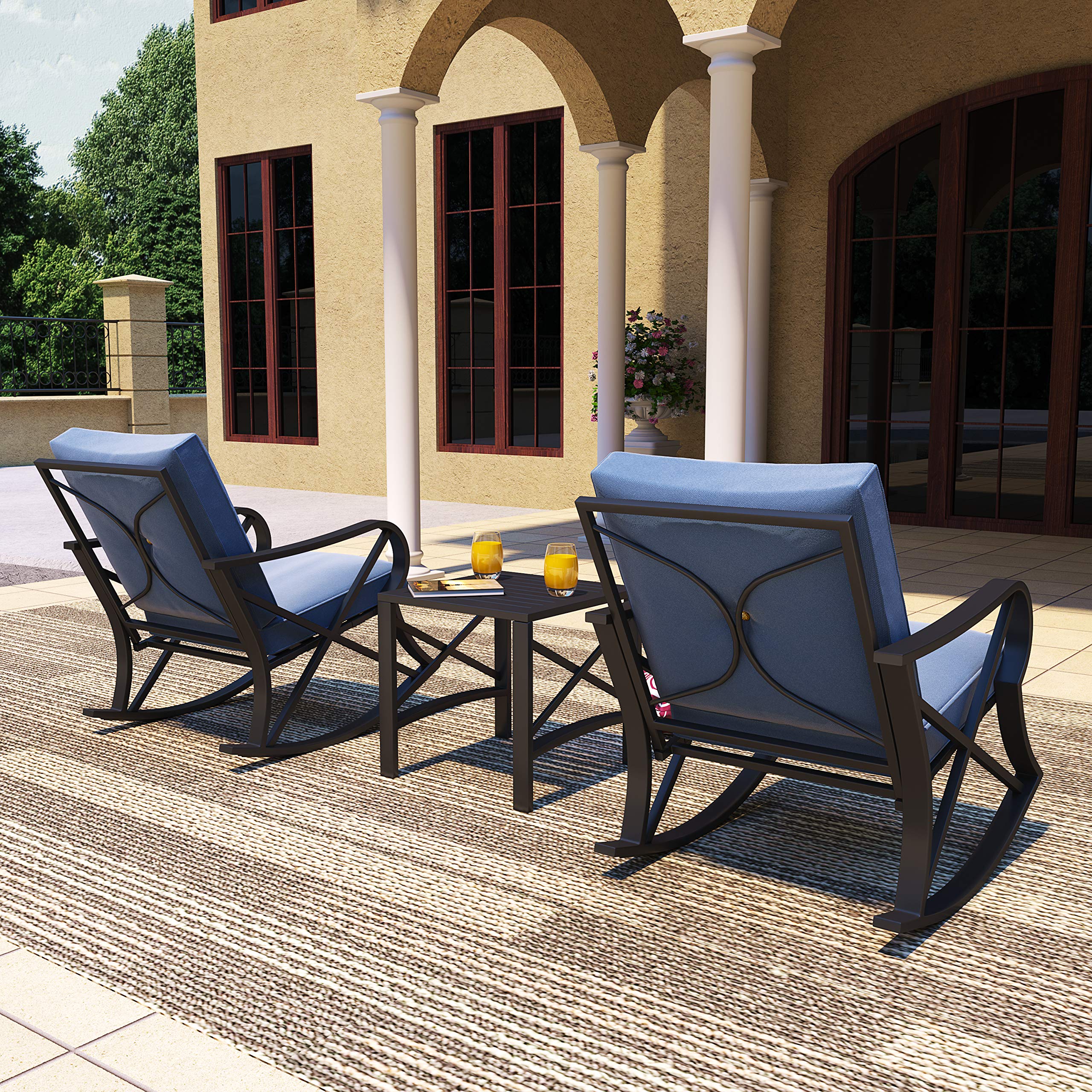 PatioFestival 3-Piece Outdoor Rocking Chair Bistro Set with Coffee Table & Thick Cushions - Metal Garden Furniture for Backyard, Lawn, Porch, Poolside (Blue) - Perfect for Relaxing, Entertaining & Outdoor Dining