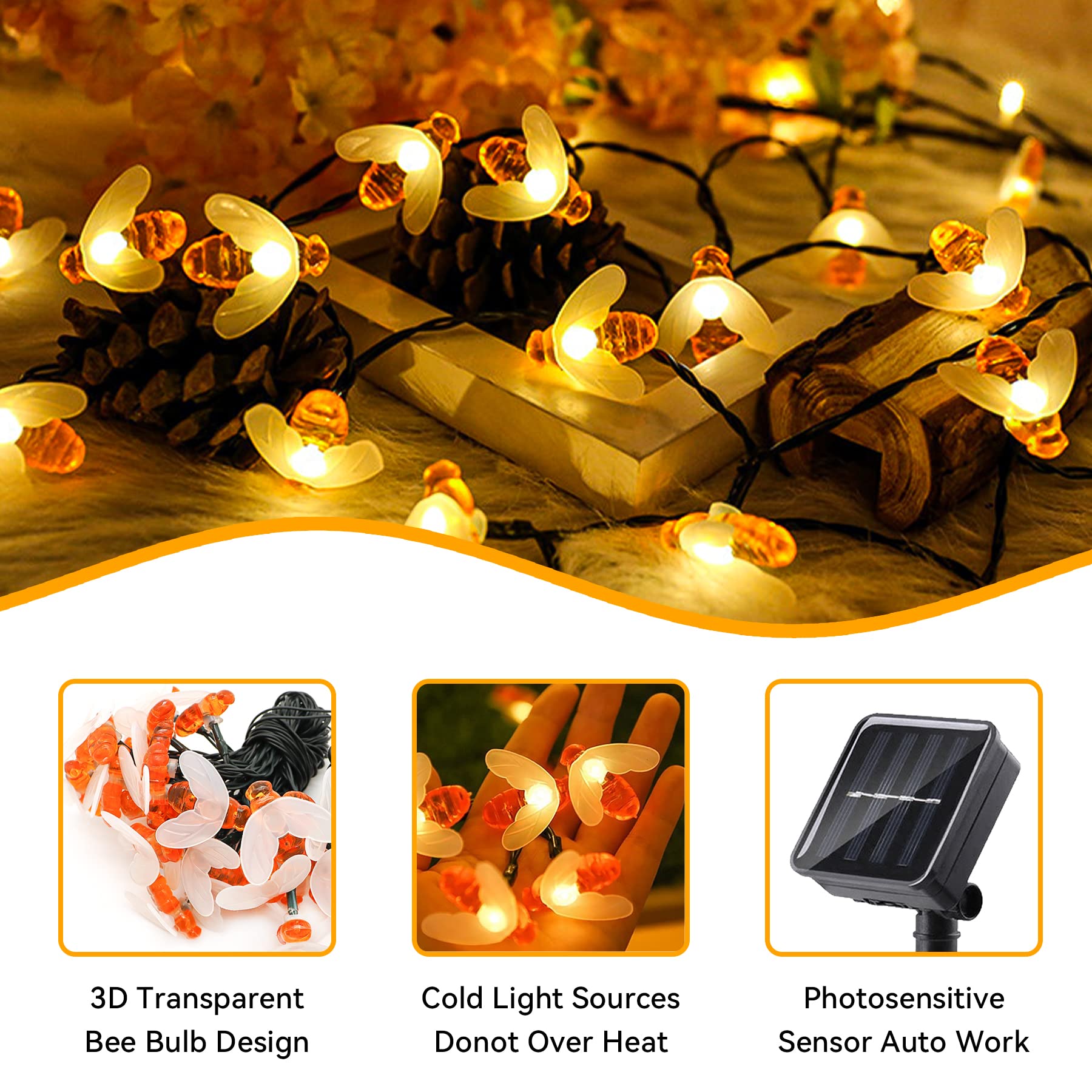 Solar Bee String Lights 30 LED - Waterproof Outdoor Fairy Lights for Garden, Wedding, Party