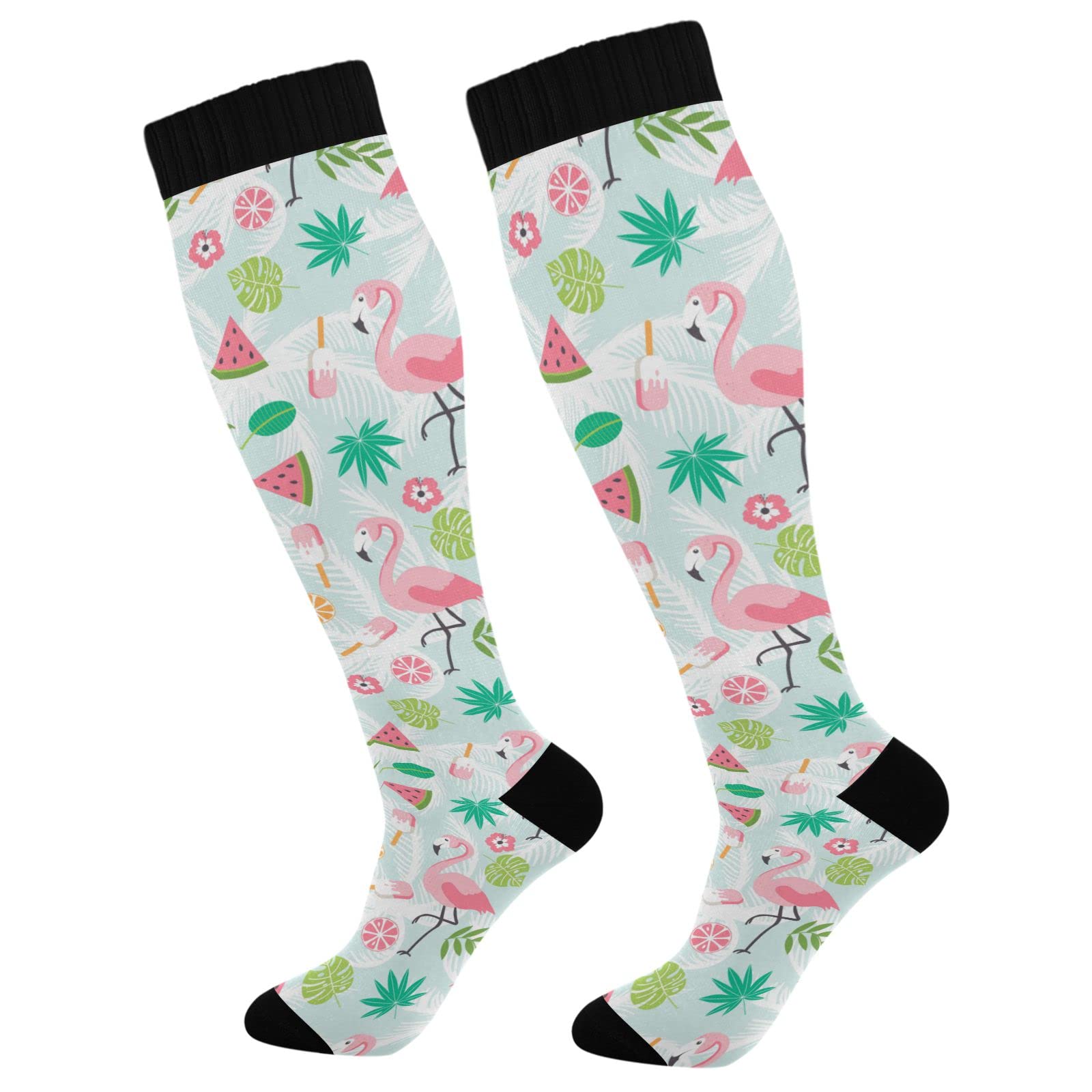 JUNZAN Floral Print Black Compression Socks for Women & Men - Medical Grade Circulation Support Socks for Running, Cycling, Nursing & Travel - Athletic Performance & Recovery Legwear for Sports & Work