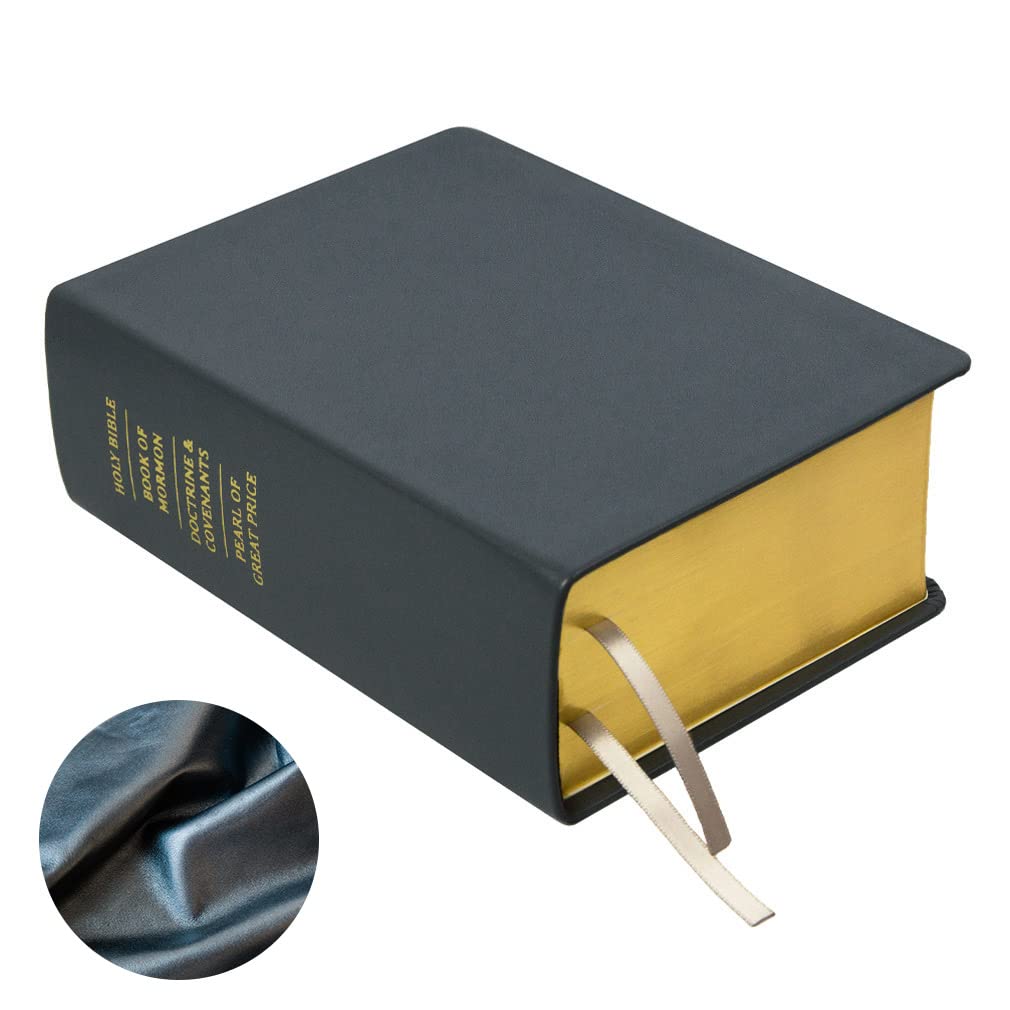 LDS Scriptures Set - Genuine Leather Quad with Book of Mormon, Holy Bible, Doctrine & Covenants & Pearl of Great Price | Pearlized Gunmetal Gray Cover | Perfect for Latter-Day Saints Study, Worship & Gift Giving
