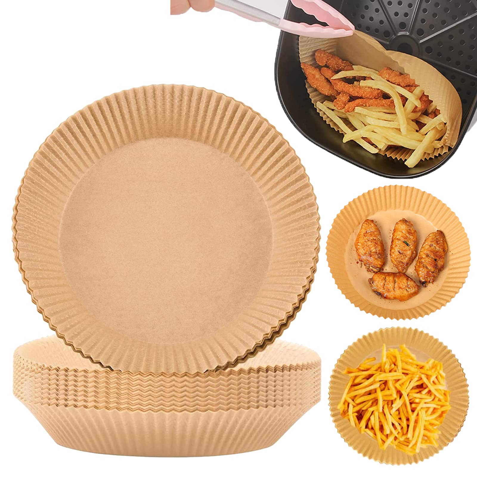 50-Pack Unperforated Round Air Fryer Parchment Paper Liners - Wood Color Disposable Baking Sheets for Air Fryer, Microwave & Oven - Perfect for Roasting, Baking & Reheating Food Without Sticking