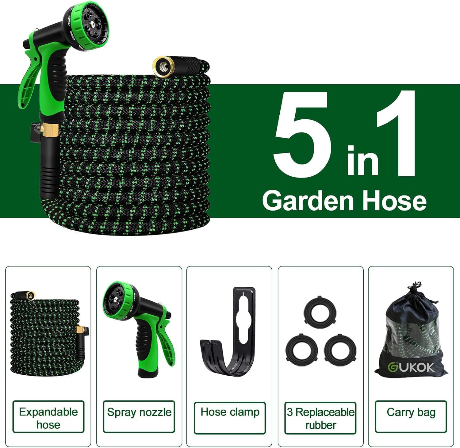 50 FT Expandable Garden Hose with 10-Function High-Pressure Spray Nozzle - Heavy Duty Flexible Water Hose with 3/4