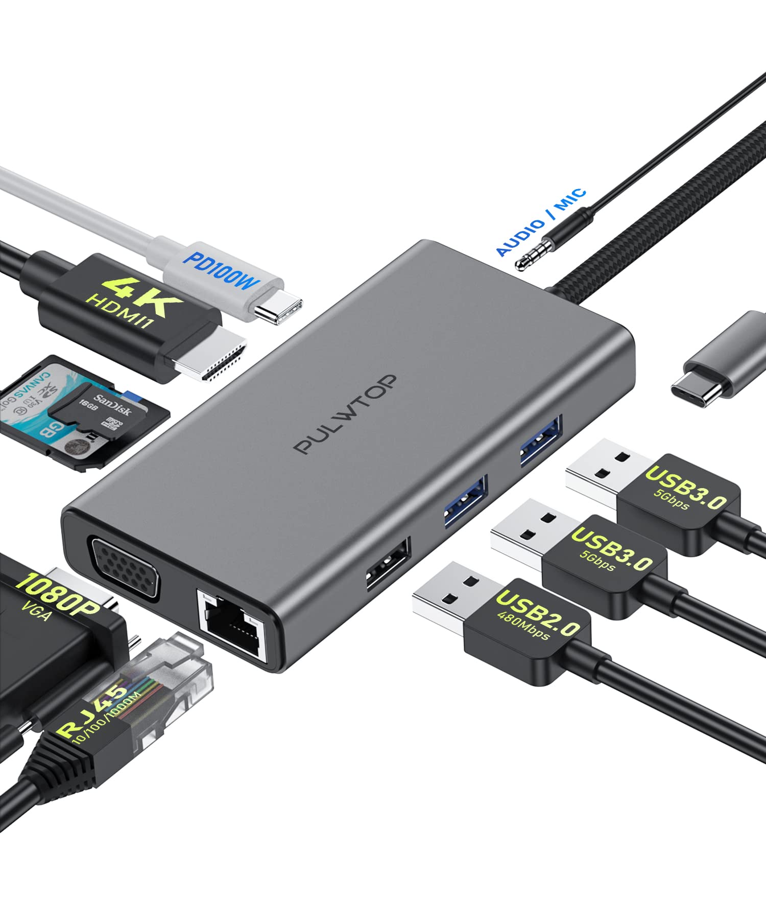10-in-1 USB C Hub Multiport Adapter with HDMI 4K 30Hz, VGA, Ethernet, USB 3.0, USB 2.0, TF/SD Card Reader, Audio Jack - Universal Laptop Docking Station for MacBook, Dell, HP, Lenovo & Type C Devices - Perfect for Home Office, Remote Work & Multi-Screen Setup