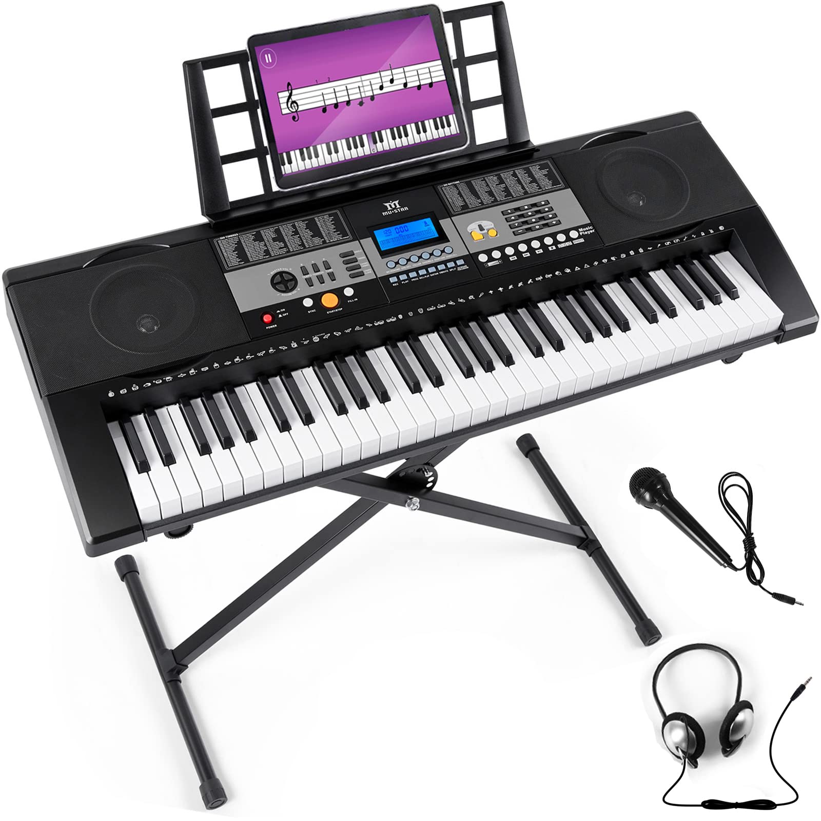 MUSTAR 61 Key Digital Piano Keyboard with Stand - Touch Sensitive Keys for Beginners, Includes Headphones & Microphone - MP3/USB/LCD Screen - Perfect for Home Practice, Music Lessons & Holiday Gifts
