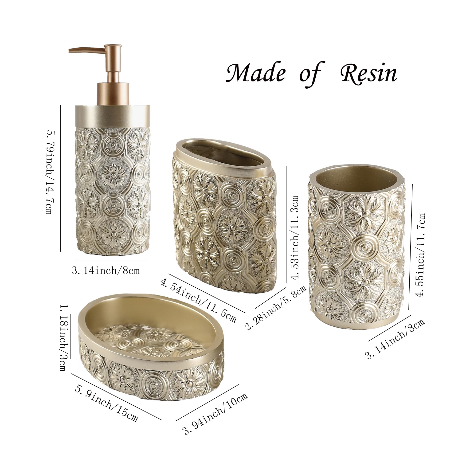 Golden Bathroom Accessories Set - 4 Pcs Farmhouse Style Resin Toothbrush Holder, Soap Dispenser, Soap Dish & Tumbler | Elegant Apartment Necessities for Modern Bathroom Decor | Perfect for Guest Bathrooms, Master Suites & Airbnb Rentals