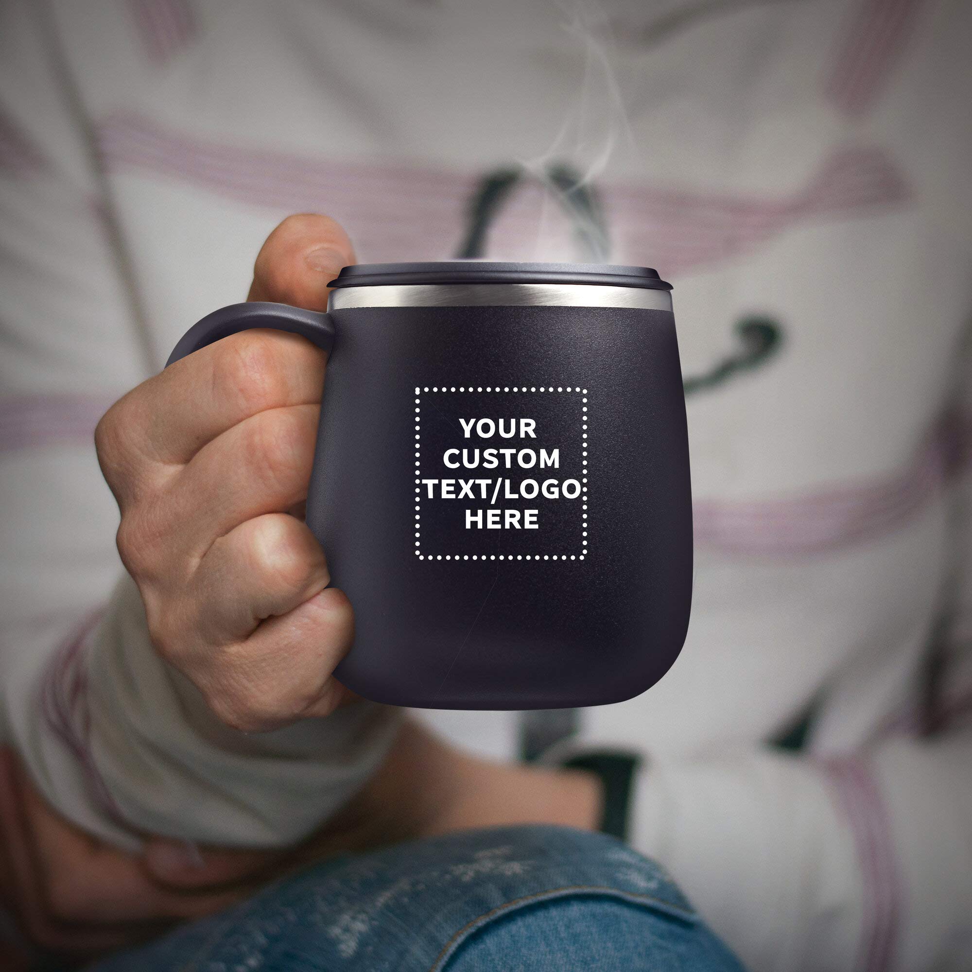 Custom 11 oz. Stainless Steel Coffee Mugs with Lid - 12 Pack Personalized Text/Logo - Black - Perfect for Office Gifts, Corporate Events & Brand Promotions
