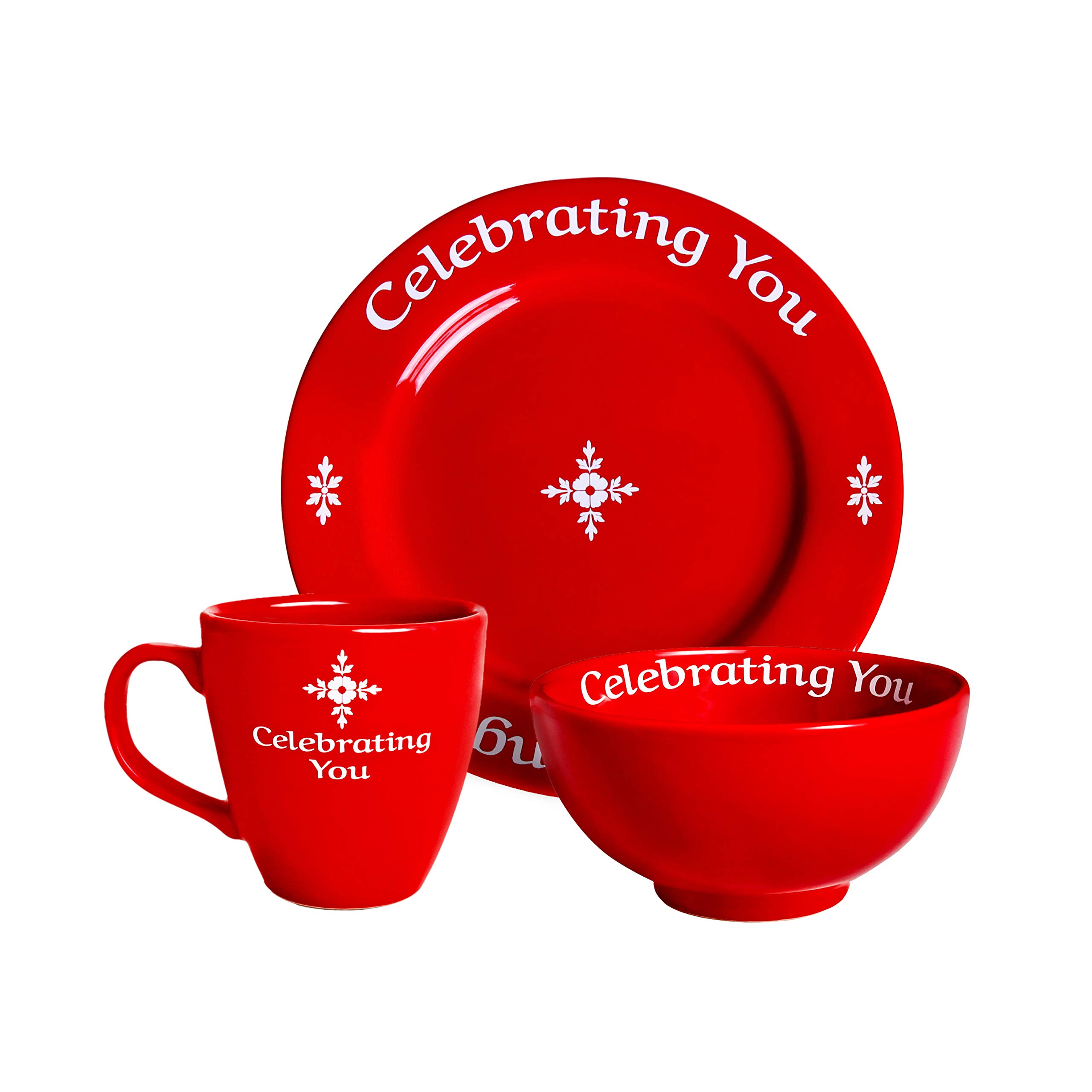 Red Plate, Mug & Bowl Set - Celebrating You Collection | Eco-Friendly Dinnerware for Holidays, Parties & Everyday Use