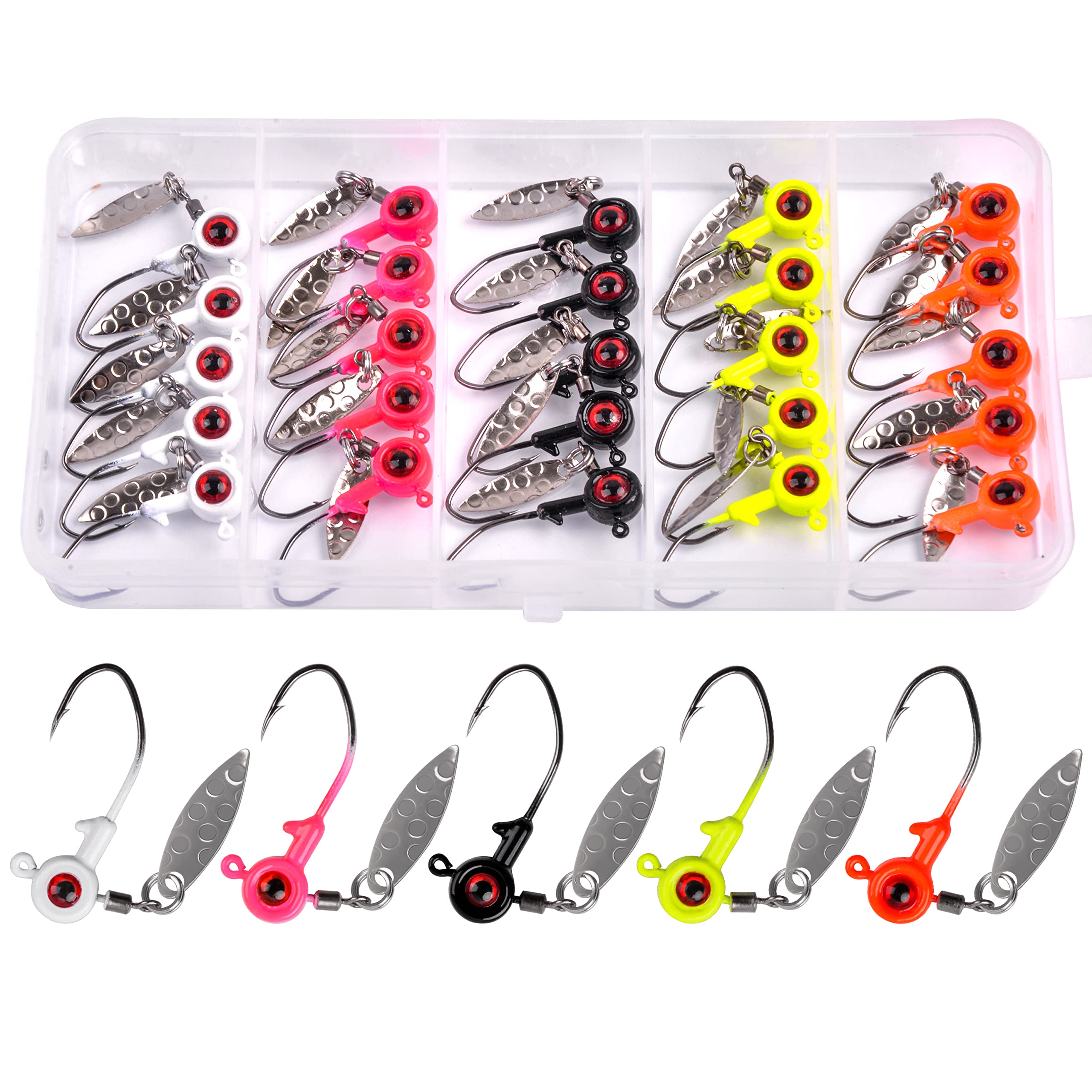 25Pcs Crappie Fishing Jig Heads Kit with Spin Blade & Eye Ball Painted Hooks - 1/16oz 1/8oz 3/16oz Underspin Jigs for Bass, Trout, Walleye - Perfect for Freshwater Fishing, Ice Fishing & Kayak Angling