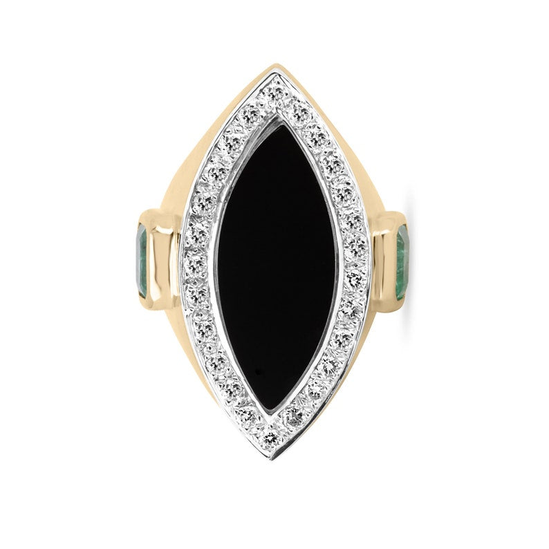 14K Gold Colombian Emerald Marquise Cut Halo Ring with Onyx and Diamonds - Elegant Cocktail Statement Jewelry for Women - Perfect for Evening Parties, Weddings, and Special Occasions