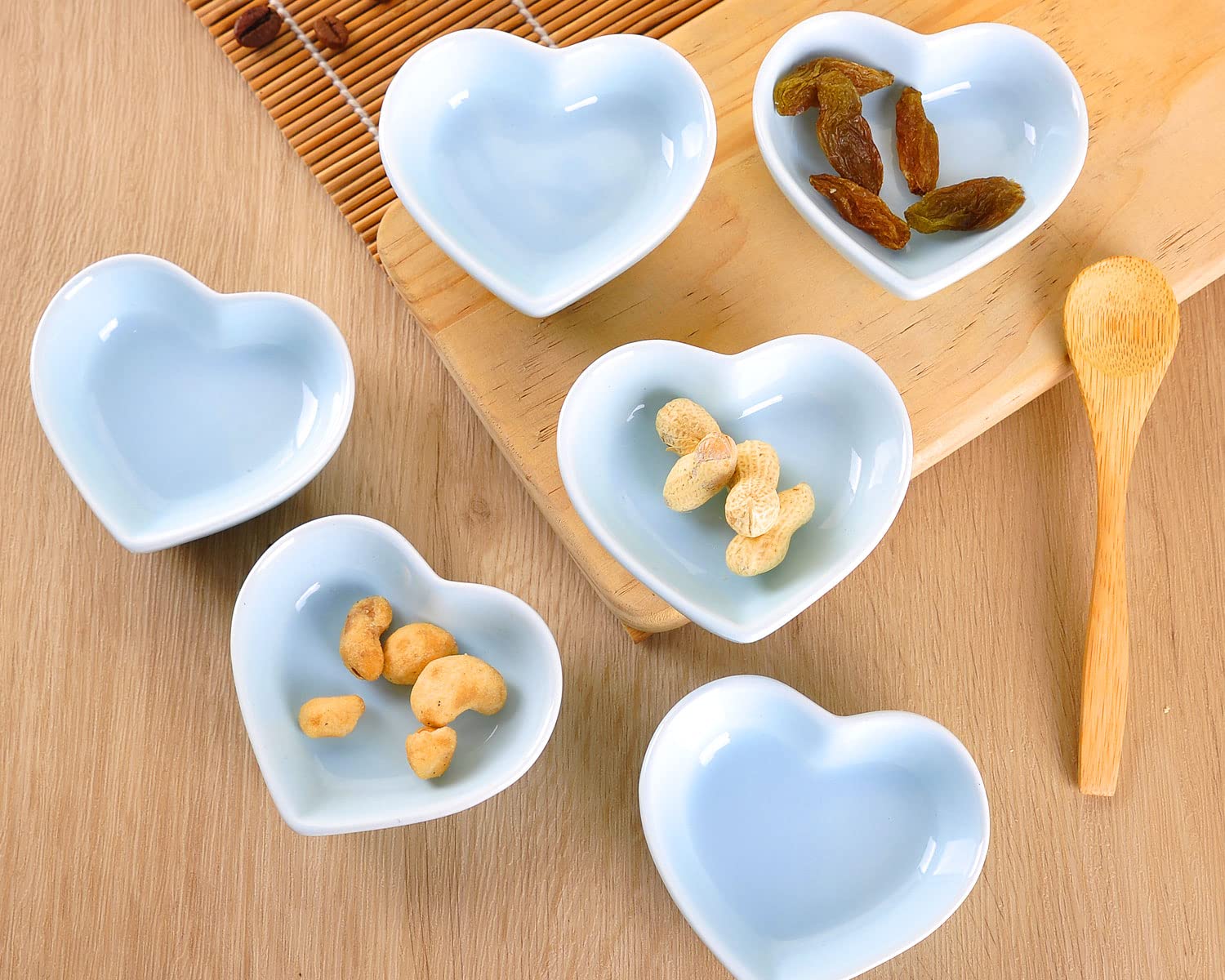 WHJY Blue Heart-Shaped Ceramic Side Dish Bowls - Set of 6, Contemporary Porcelain Condiment Dishes for Soy Sauce, Dipping Sauces, Perfect for Weddings, Birthday Parties, and Home Dining Decor