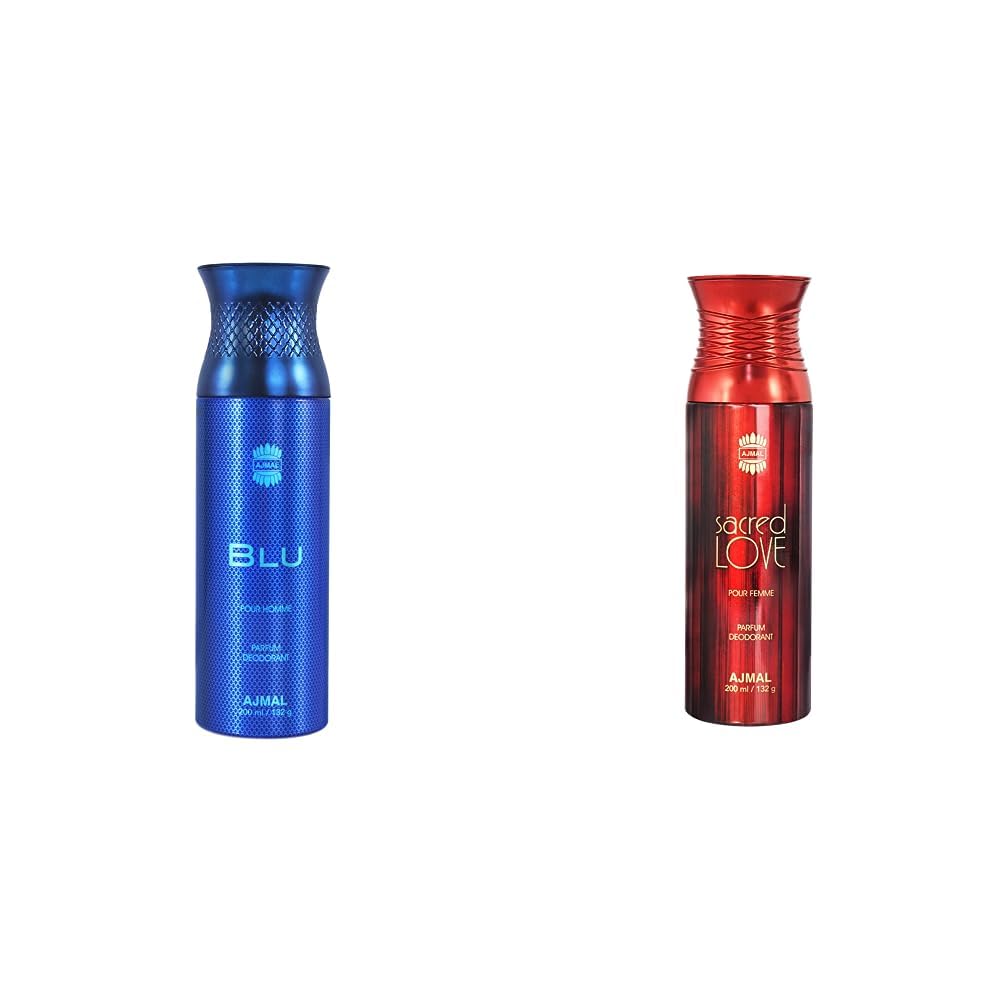 Ajmal Blu & Sacred Love Perfume Deodorant Set - 200ml Body Spray Gift Combo for Men & Women | Fresh Long-Lasting Fragrance for Daily Wear, Date Night & Special Occasions