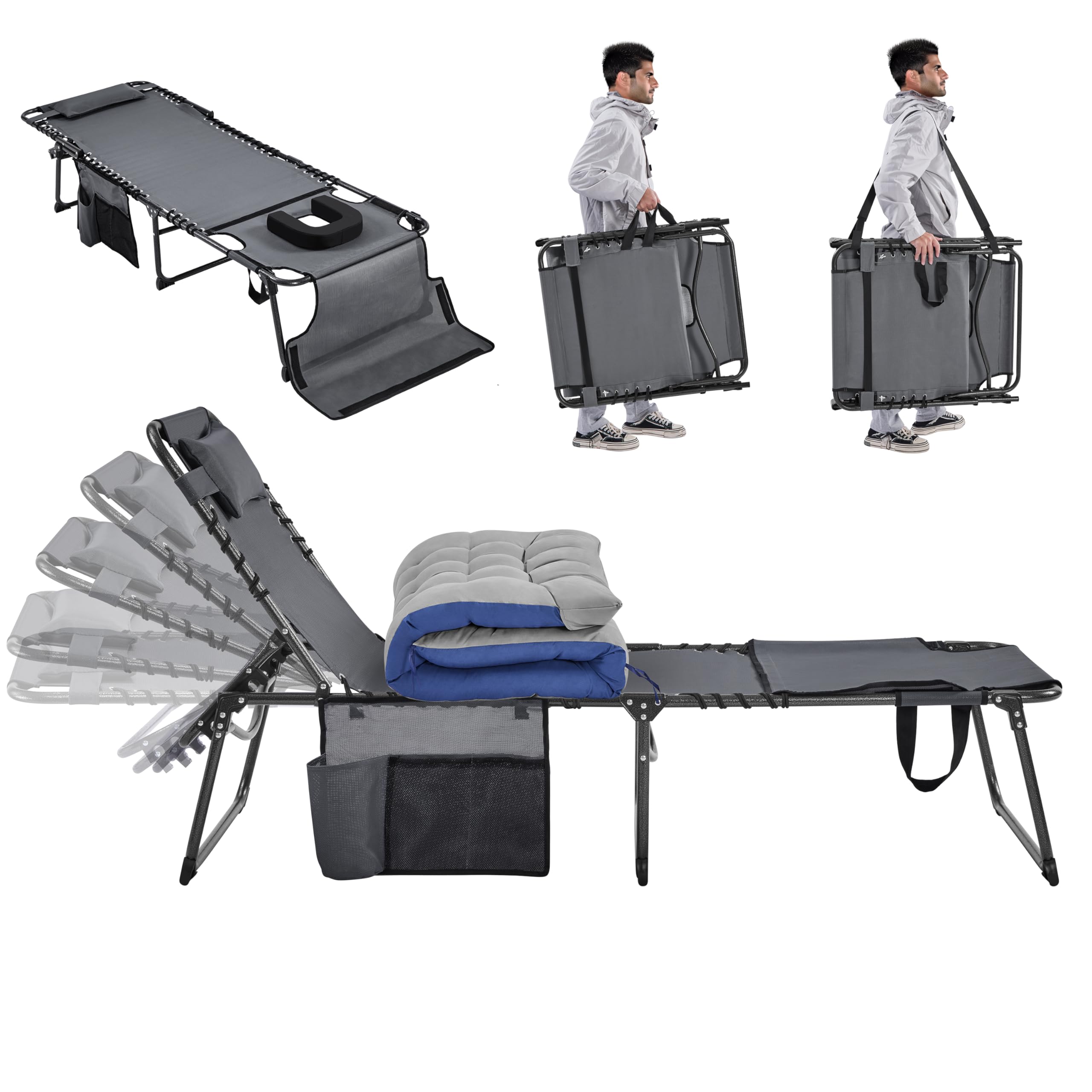 Yaheetech Outdoor Folding Tanning Chair - Portable Sun Lounger with Removable Padded Cushion & Face Hole, 5-Position Adjustable Chaise Lounge for Patio, Beach, Poolside, Backyard, Camping - Perfect for Sunbathing, Relaxation & Outdoor Leisure (Gray)
