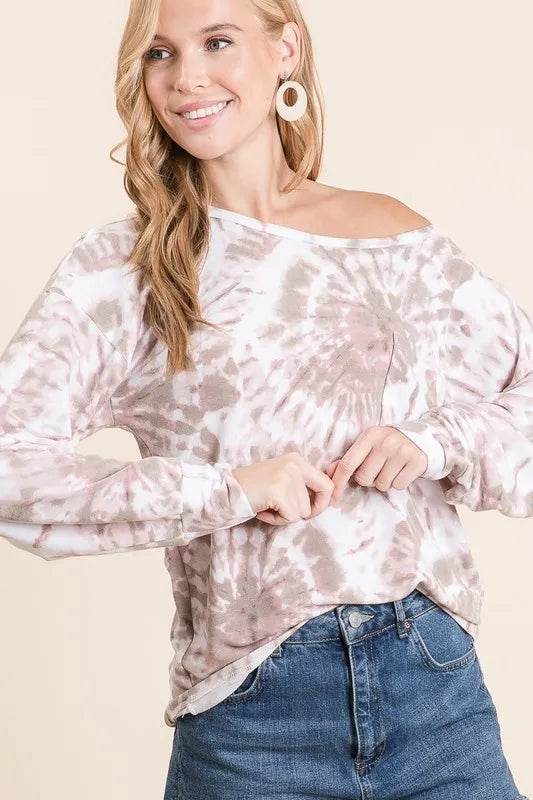 Bibi Tie Dye Print Terry Top With Front Patch Pocket - Mauve/Taupe Women's Fashion | Casual Wear, Beach Outfit, Summer Style