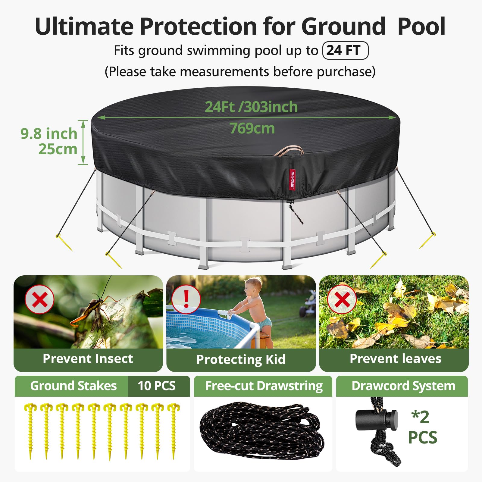 **QH.HOME 24Ft Round Solar Pool Cover - 600D Heavy-Duty Tear-Resistant Fabric (738N Strength) - Above Ground Swimming Pool Cover - Fade & Windproof - Ideal for Winter Protection & Energy Savings**