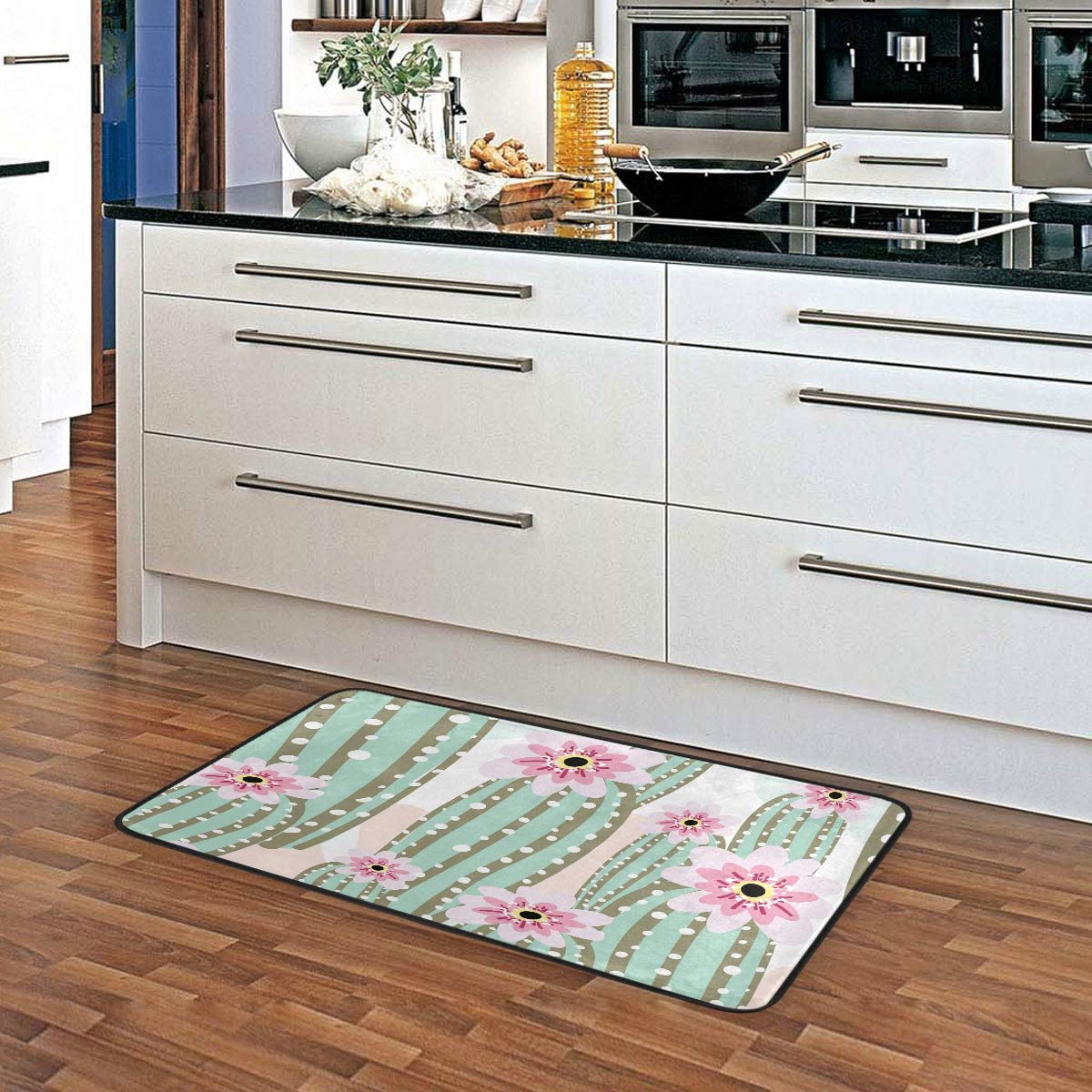 Cute Cactus with Pink Flowers Non-Slip Kitchen Rug - Anti-Fatigue Comfort Floor Mat, Oil & Stain Resistant, Easy to Clean - Perfect for Kitchen, Bathroom, Indoor & Outdoor Use as Doormat or Entryway Mat