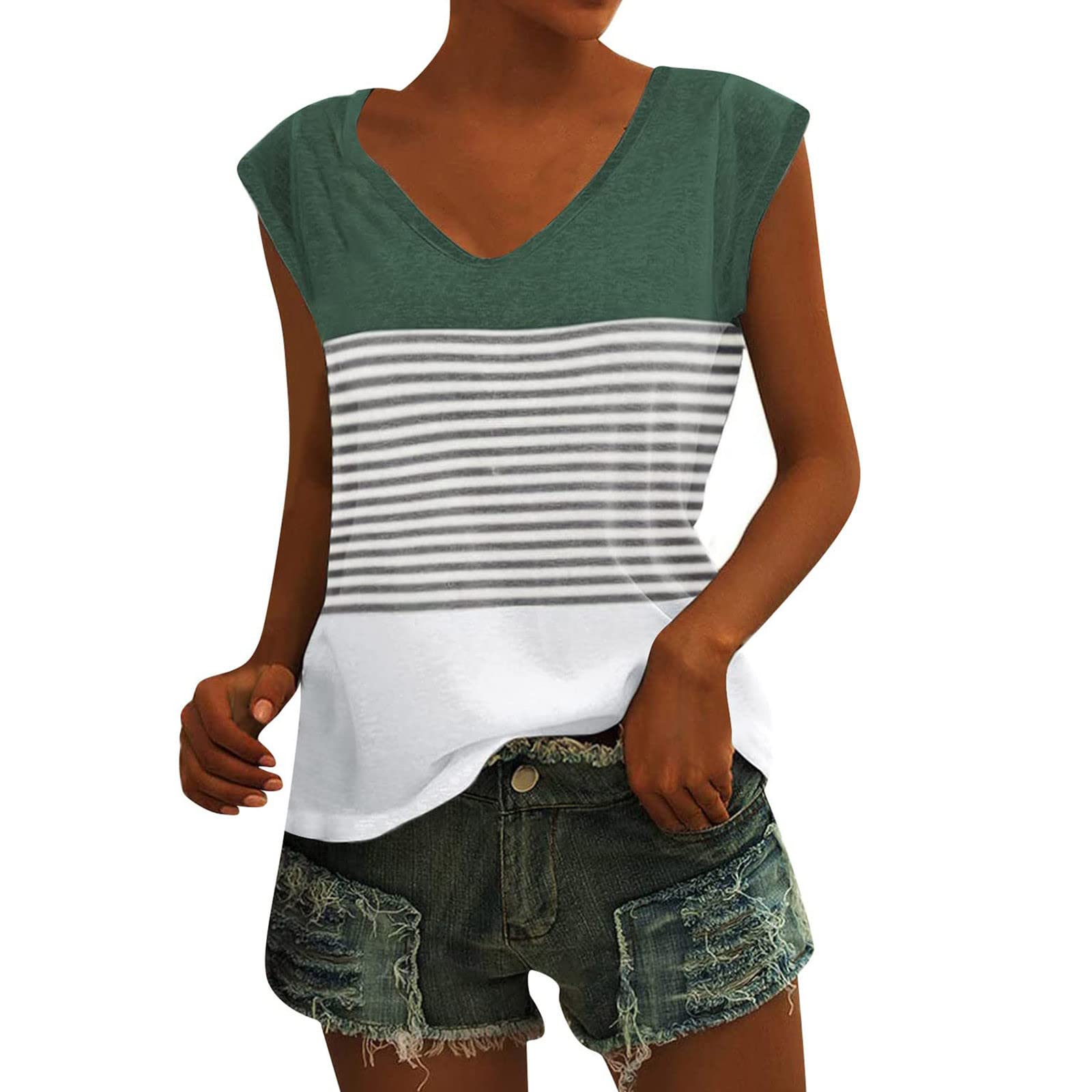 Women's White Fitted V-Neck Tank Tops - Summer Cap Sleeve Basic Shirts for Casual Wear & Layering | Perfect for Beach, Gym, and Everyday Outfits