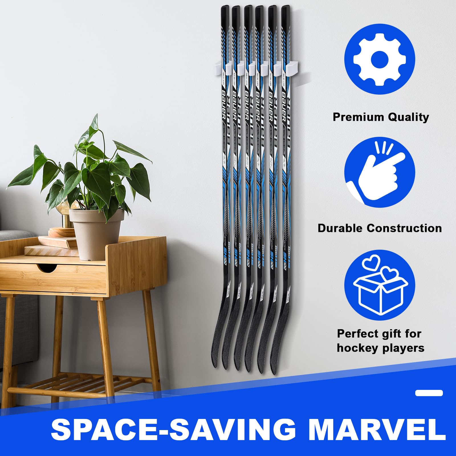 Yousoontic Hockey Stick Wall Mount Organizer - Holds 1, 2, 3, 4 or 6 Ice Hockey Sticks - Space Saving Storage Solution for Home, Office & Garage - Perfect for Hockey Players & Sports Enthusiasts