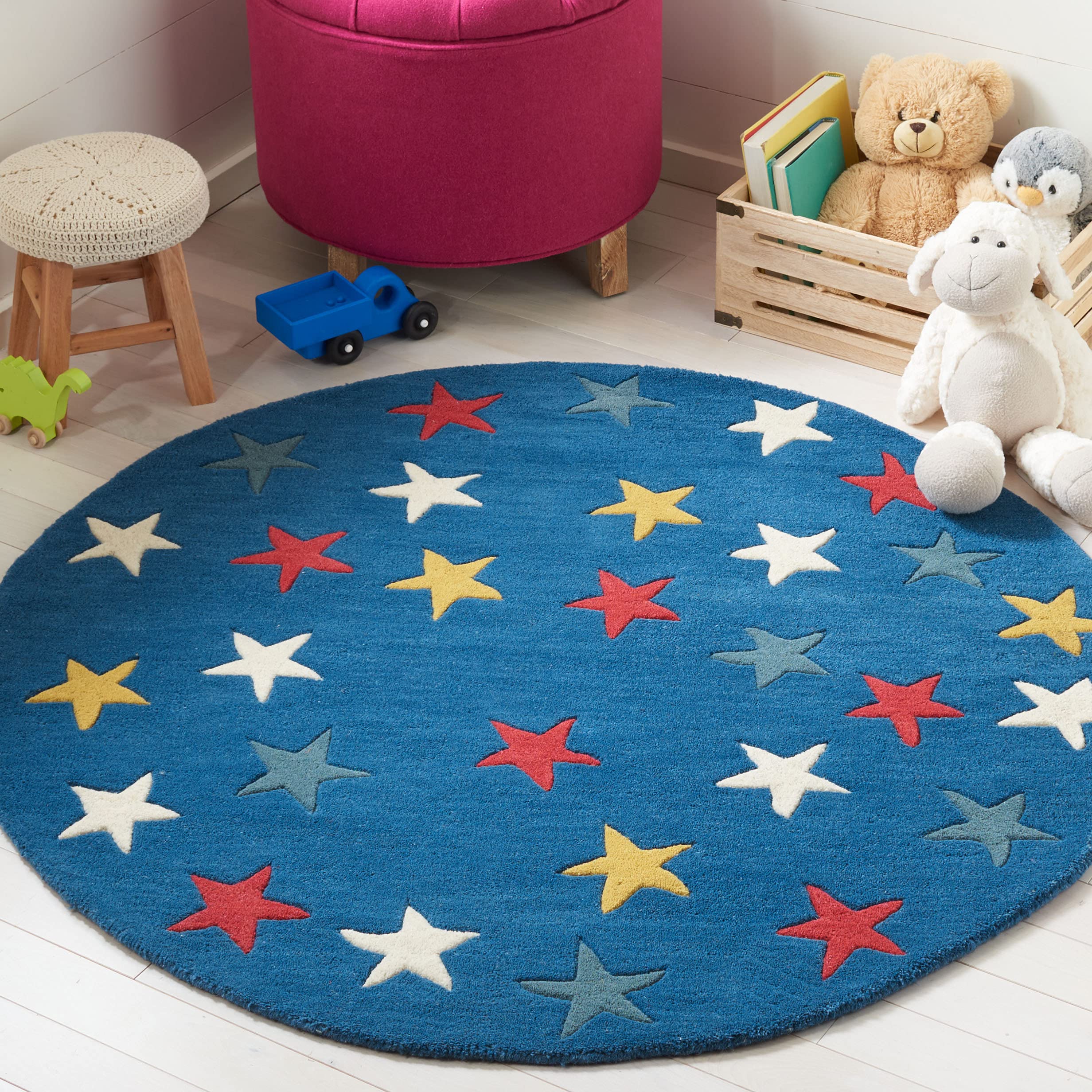 SAFAVIEH Novelty Collection 3' Round Blue Multi Handmade Stars Premium Wool Area Rug - Perfect for Living Room, Bedroom, or Nursery Decor