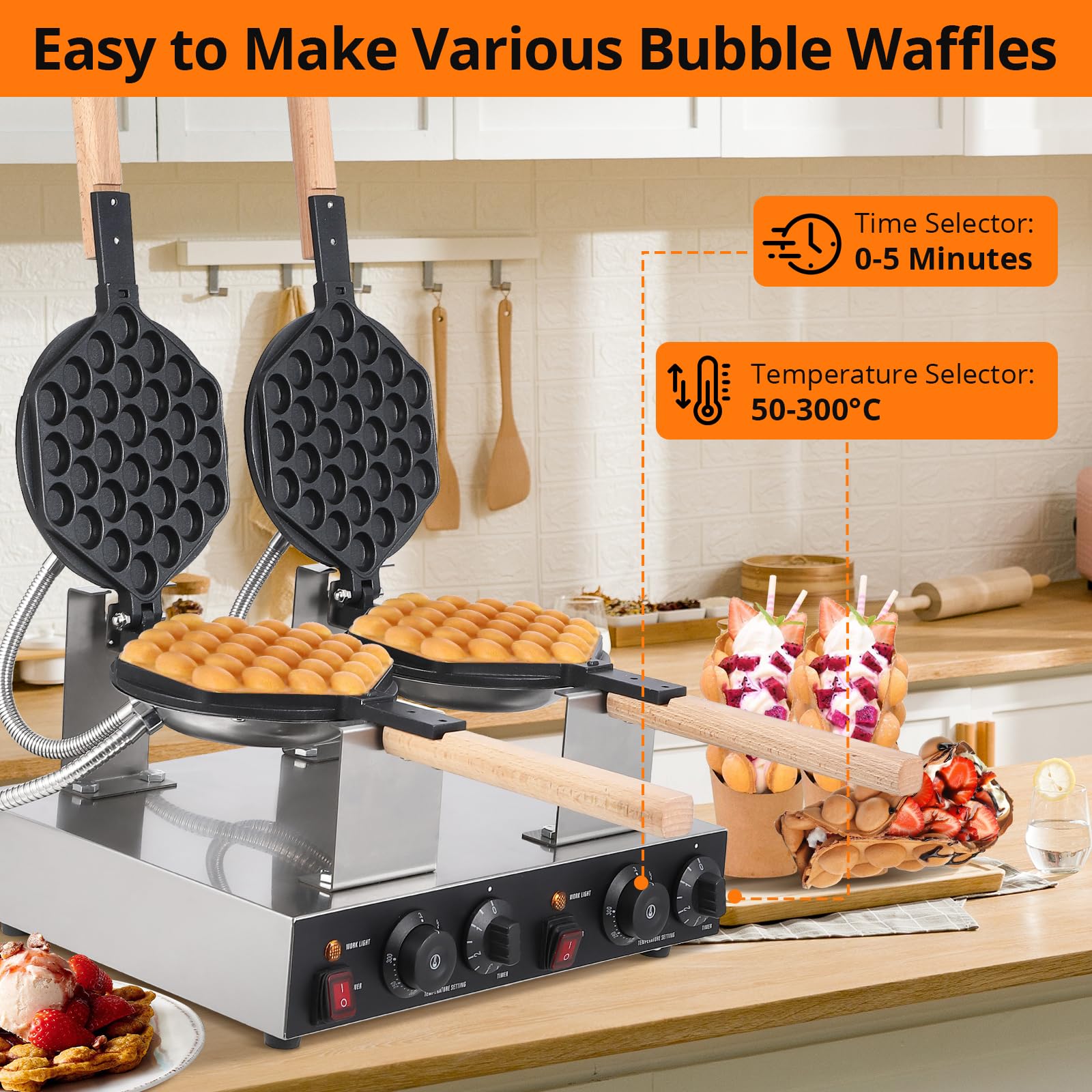 2800W Electric Bubble Waffle Maker Machine - Non-Stick Egg Waffle Baker for Home & Commercial Use - Perfect for Breakfast, Desserts, and Street Food Business
