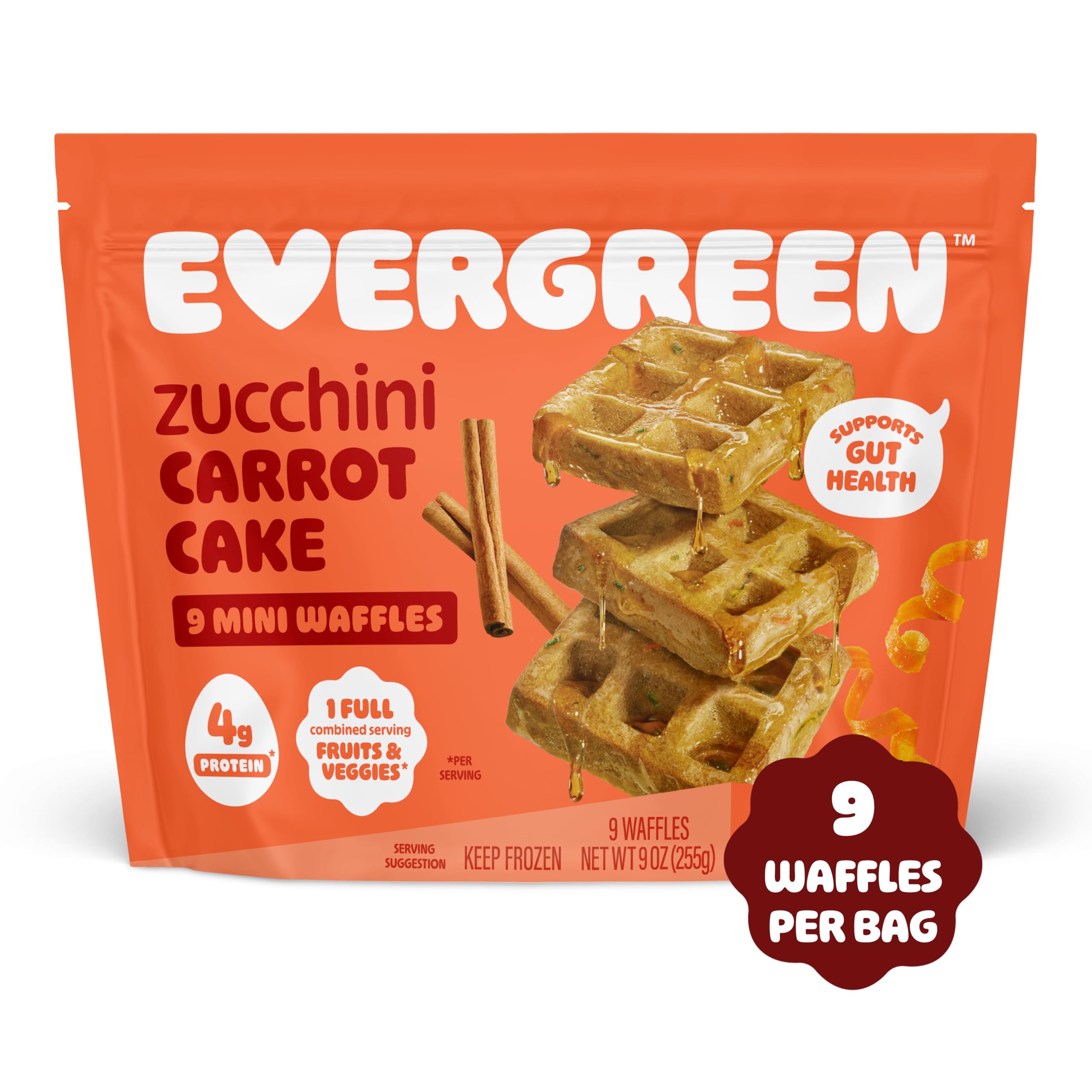 Evergreen Zucchini Carrot Cake Waffles - 100% Whole Grain, Dairy-Free, No Preservatives | 9 Frozen Waffles per Bag with 1 Full Serving of Fruits & Vegetables | Supports Gut Health | Perfect for Breakfast, Kids' Snacks & Healthy Eating