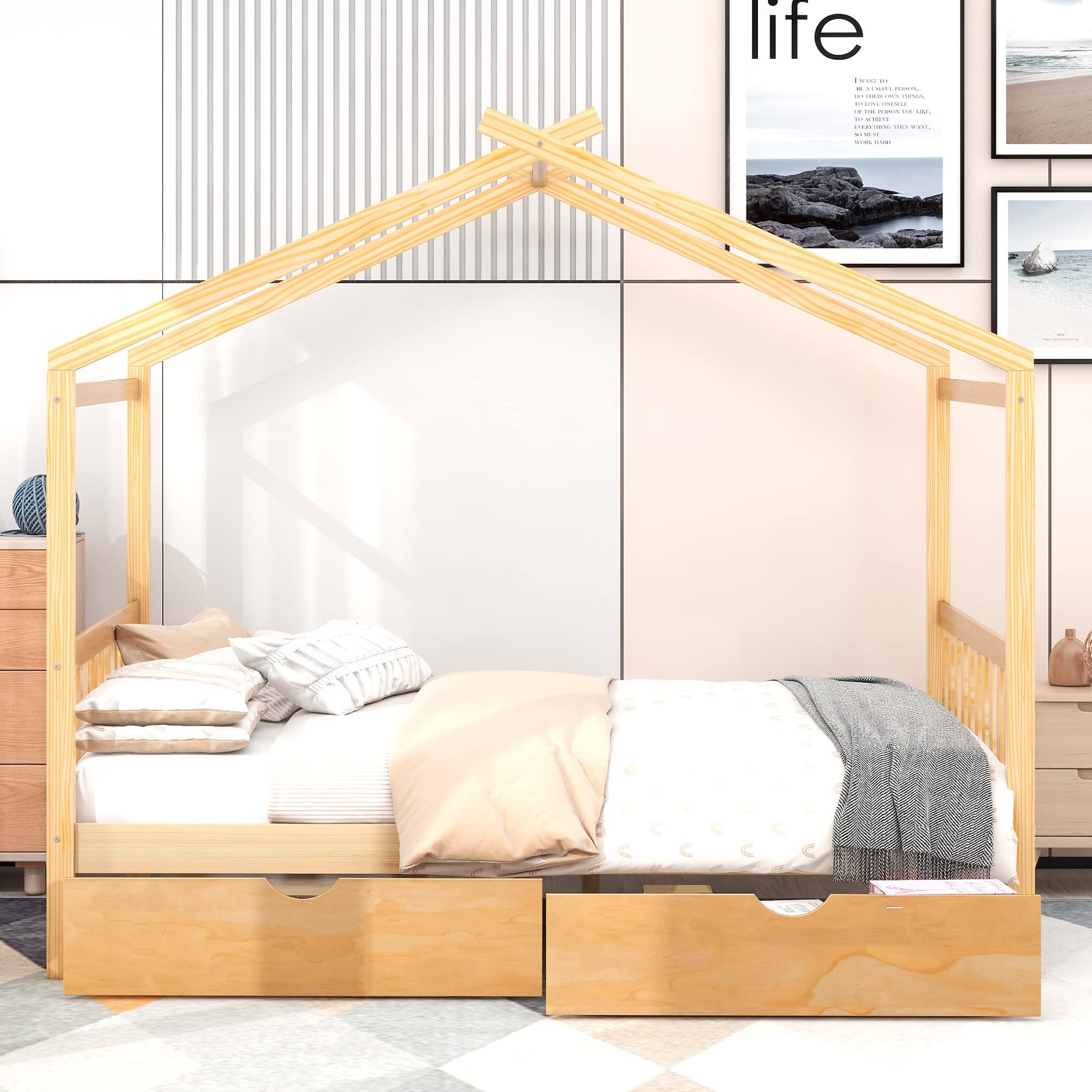 Wooden Full Size House Bed Frame with Storage for Kids - Girls & Boys Room Decor