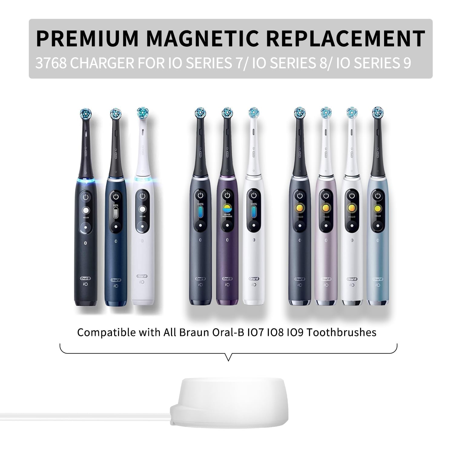 Braun Oral-B IO Series 7 8 9 Replacement Magnetic Charger - 100V-240V Universal Electric Toothbrush Charger for IO7, IO8, IO9 & IO 3768 Models - IP67 Waterproof & 1.22m Cable - Perfect for Travel, Home & Daily Oral Care Routine