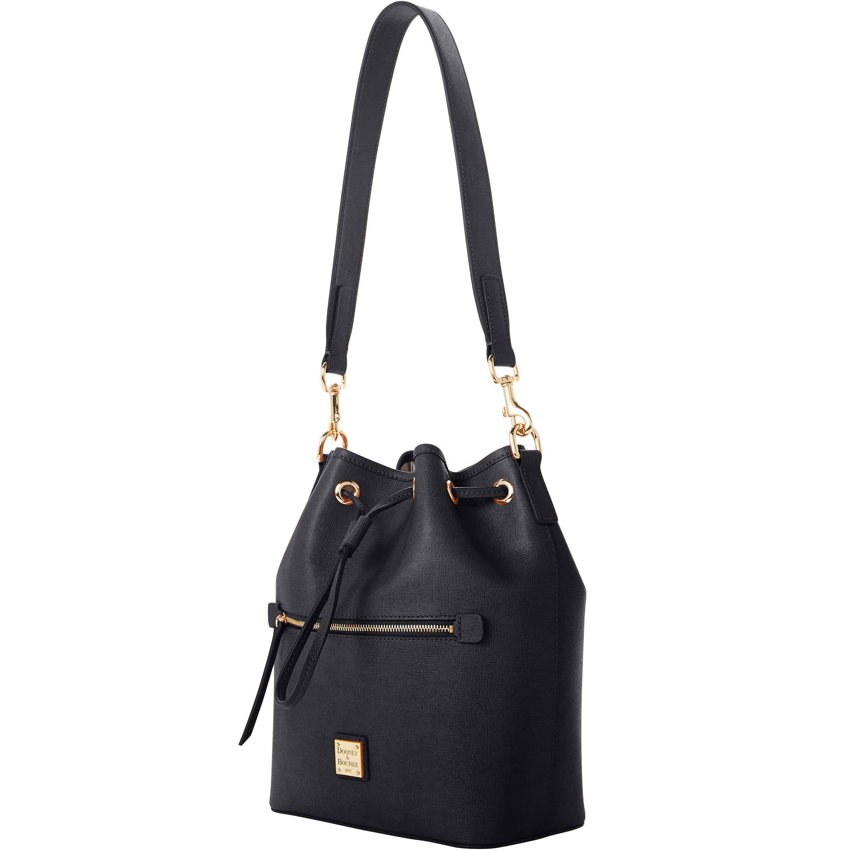 Dooney & Bourke Women's Saffiano Leather Drawstring Bucket Bag with Adjustable Wide Shoulder Strap - Black Handbag for Work, Travel & Everyday Use