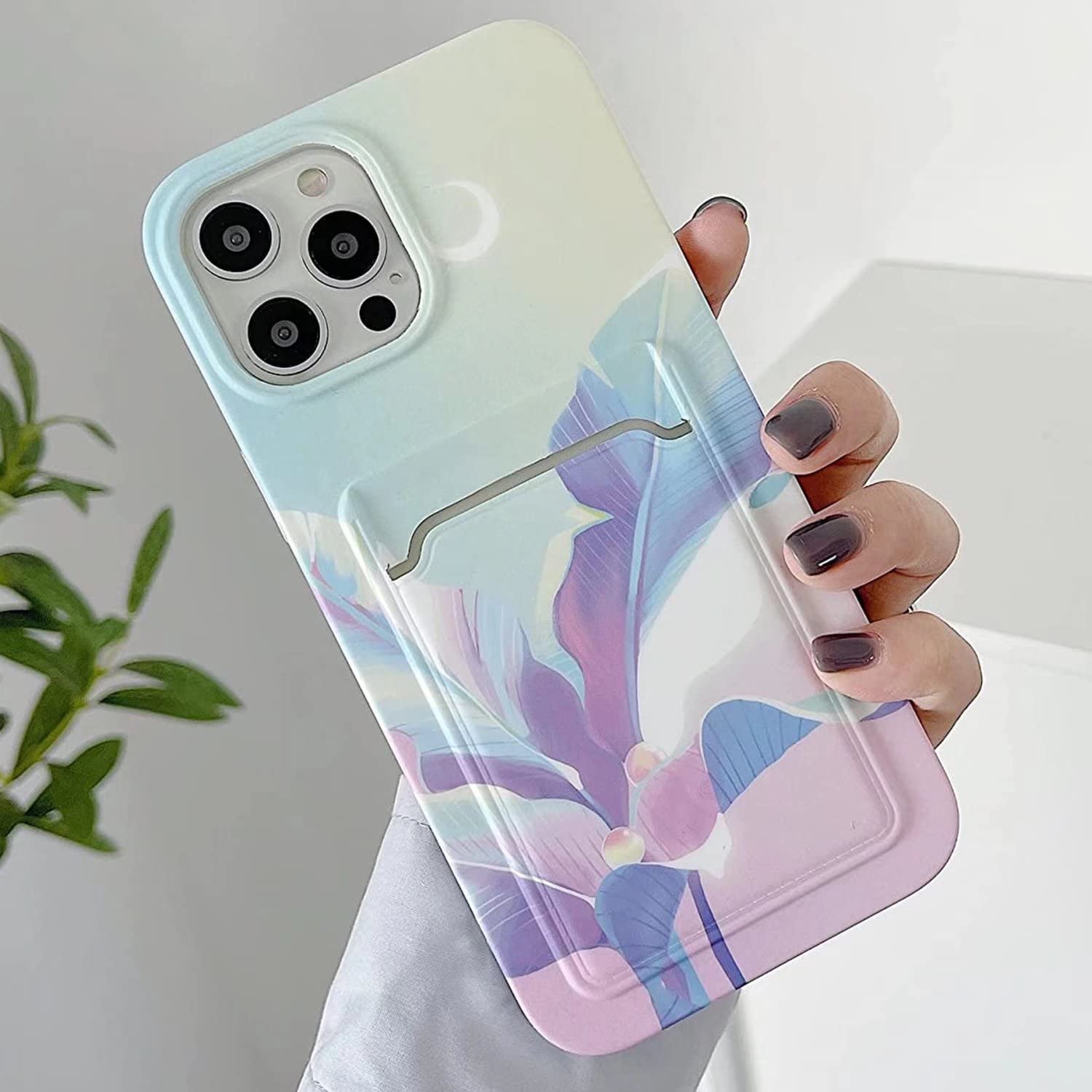 Floral Clear TPU Bumper Case with Card Holder for iPhone 13 Pro Max - Slim Protective Acrylic Back Cover for Women & Girls (Banana Leaves Design) | Perfect for Everyday Use, Travel, and Secure Card Storage