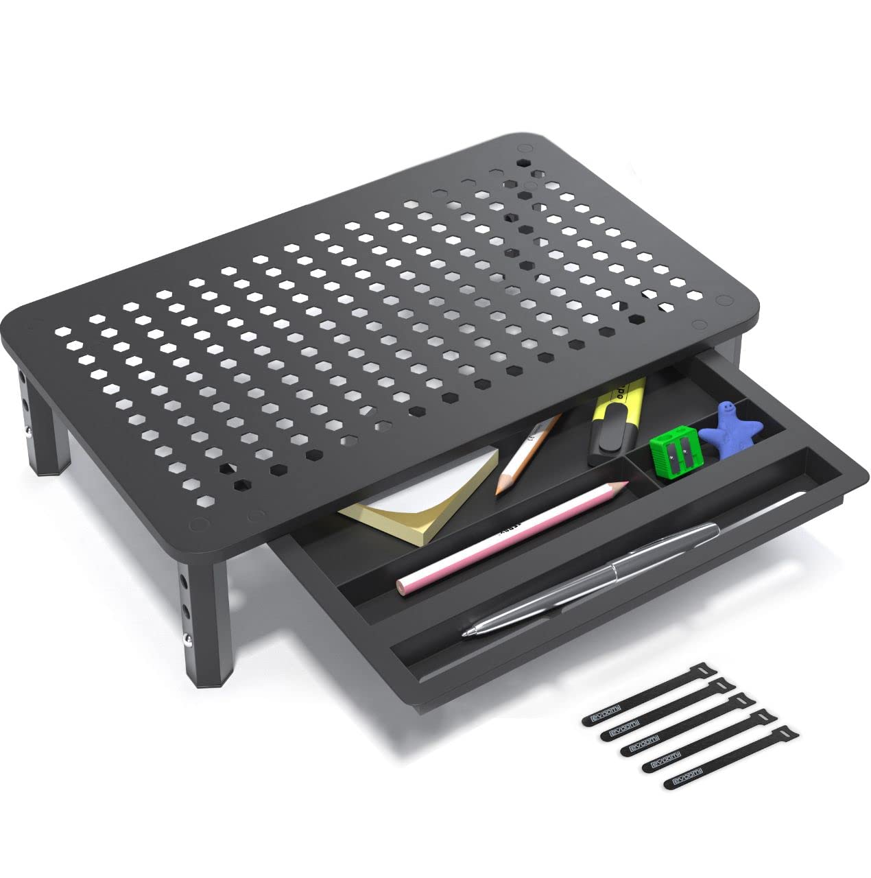 EVOOMI Premium Monitor Stand Riser with Storage Drawer - Ergonomic Hexagonal Steel Design for Laptop, Desktop, iMac & Printer - Anti-Skid Surface & Free Cable Ties for Organized Workspace - Boost Productivity in Home Office & Gaming Setup