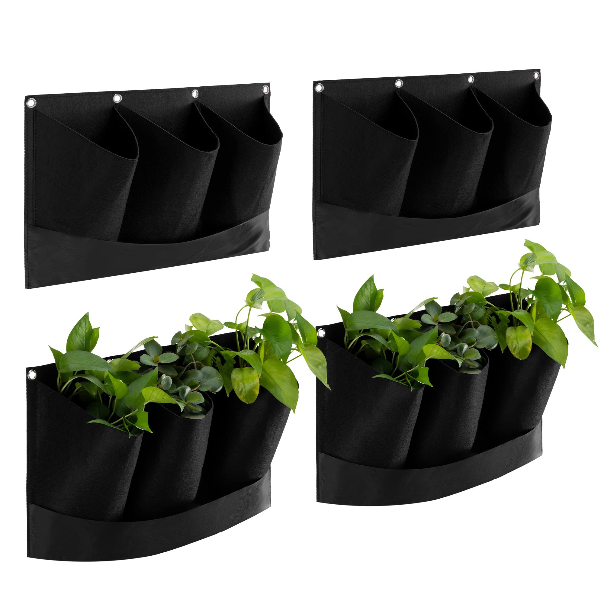 Navaris 4-Pack Hanging Outdoor Planters for Balcony, Deck, Patio & Porch - 3-Pocket Felt Plant Hangers for Flowers, Herbs & Garden Plants | Perfect for Small Space Gardening & Urban Balcony Decor